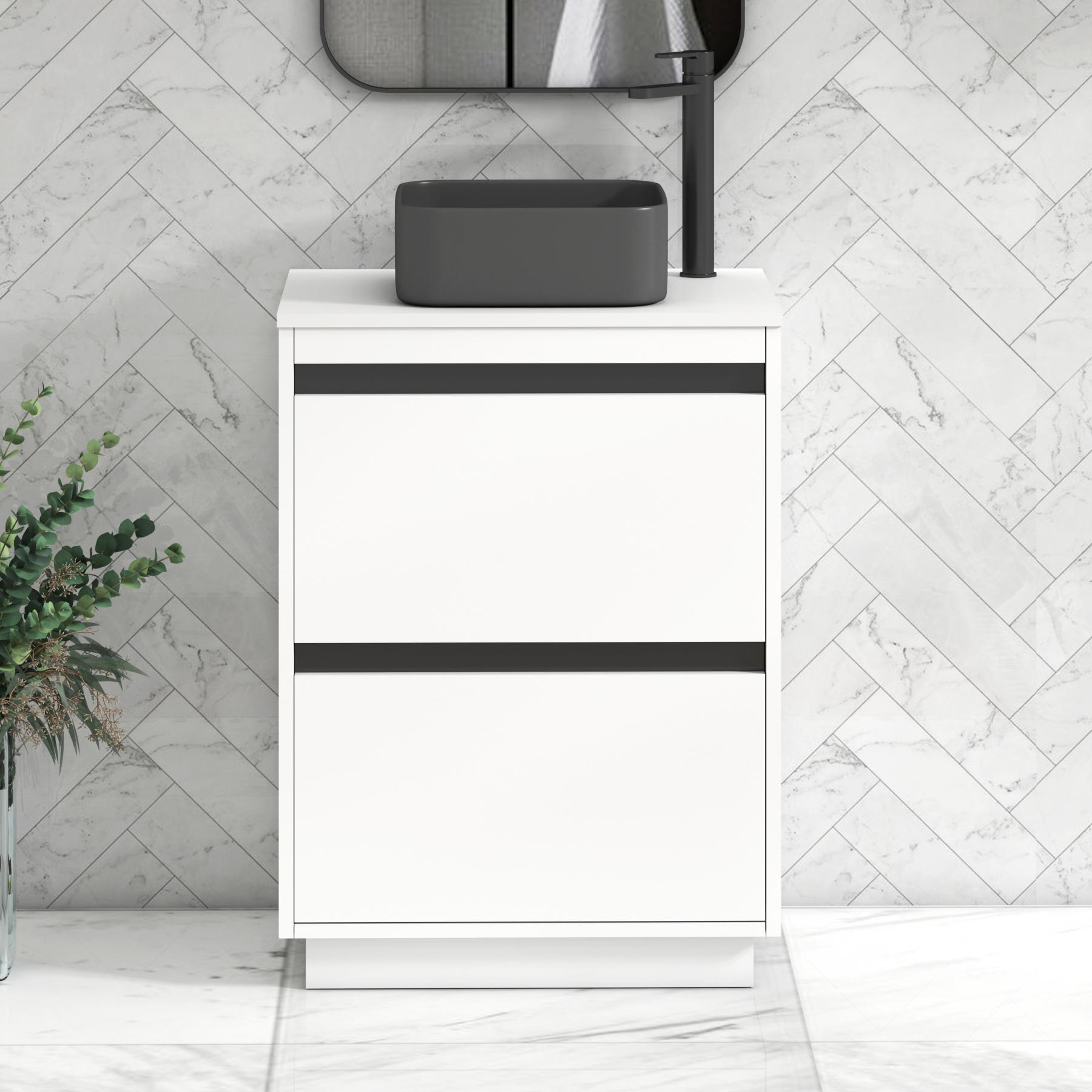 Orion 2 Drawer Matt White Floor Standing Vanity Unit with Plain White Top & Countertop Basin | Black Accent Trim