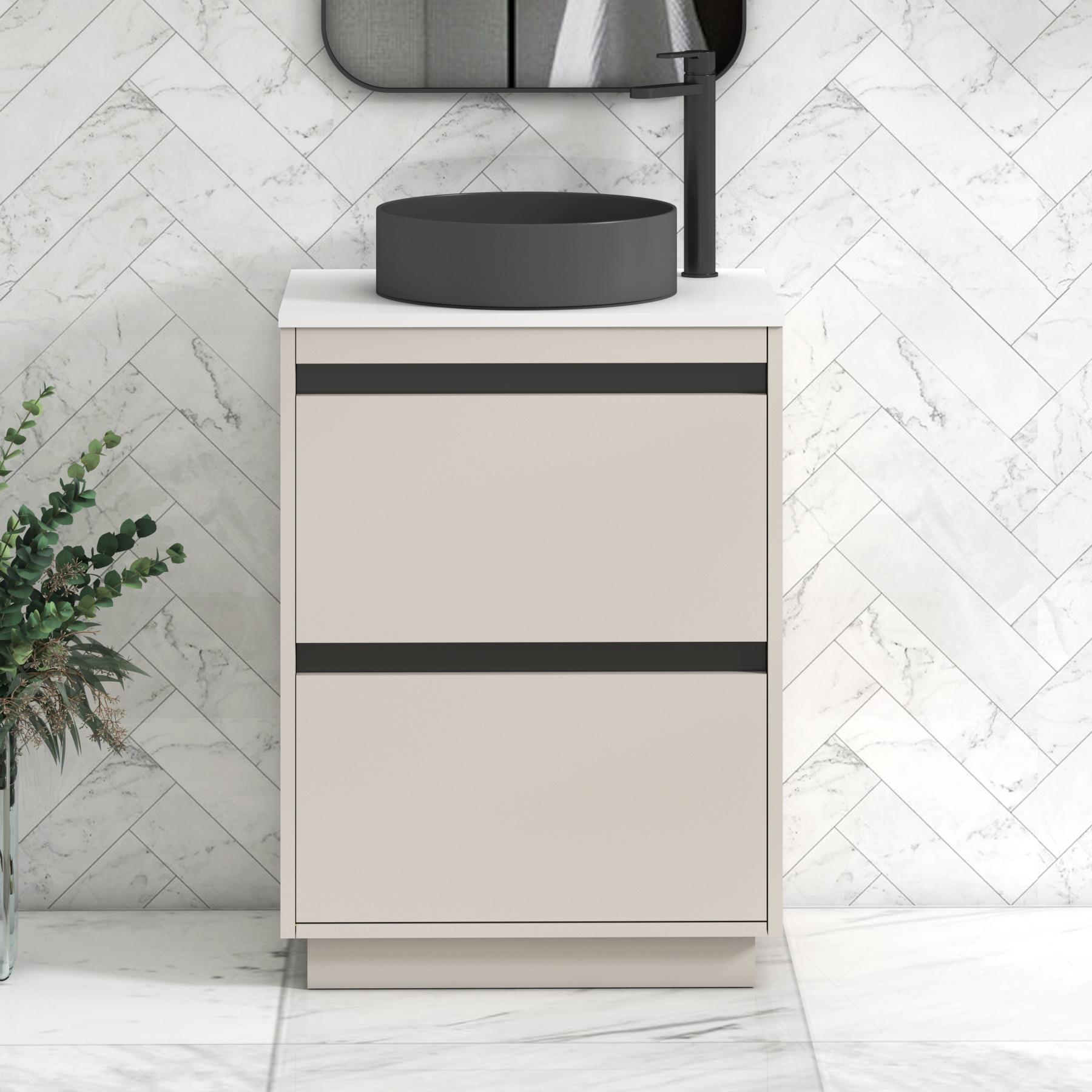 Orion 2 Drawer Warm Taupe Floor Standing Vanity Unit with Plain White Top & Countertop Basin | Black Accent Trim