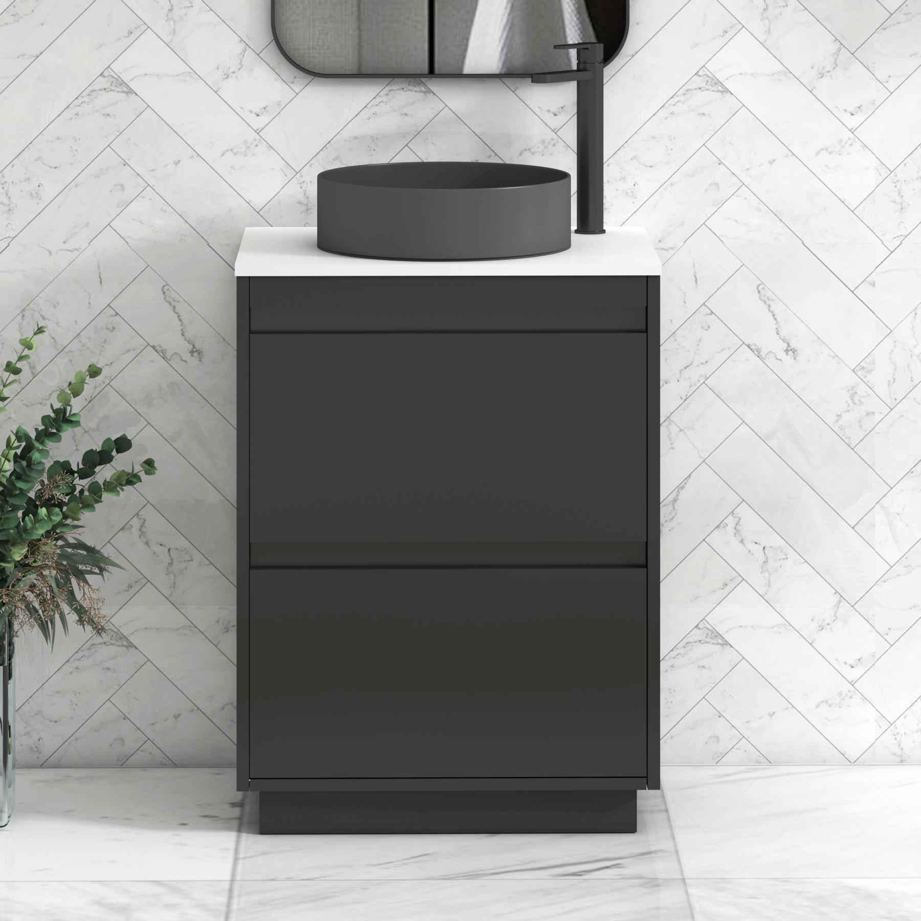 Orion 2 Drawer Matt Obsidian Black Floor Standing Vanity Unit with Plain White Top & Countertop Basin | Black Accent Trim