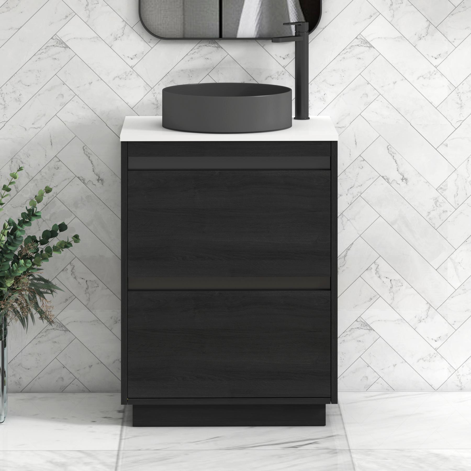 Orion 2 Drawer Hale Black Floor Standing Vanity Unit with Plain White Top & Countertop Basin | Black Accent Trim