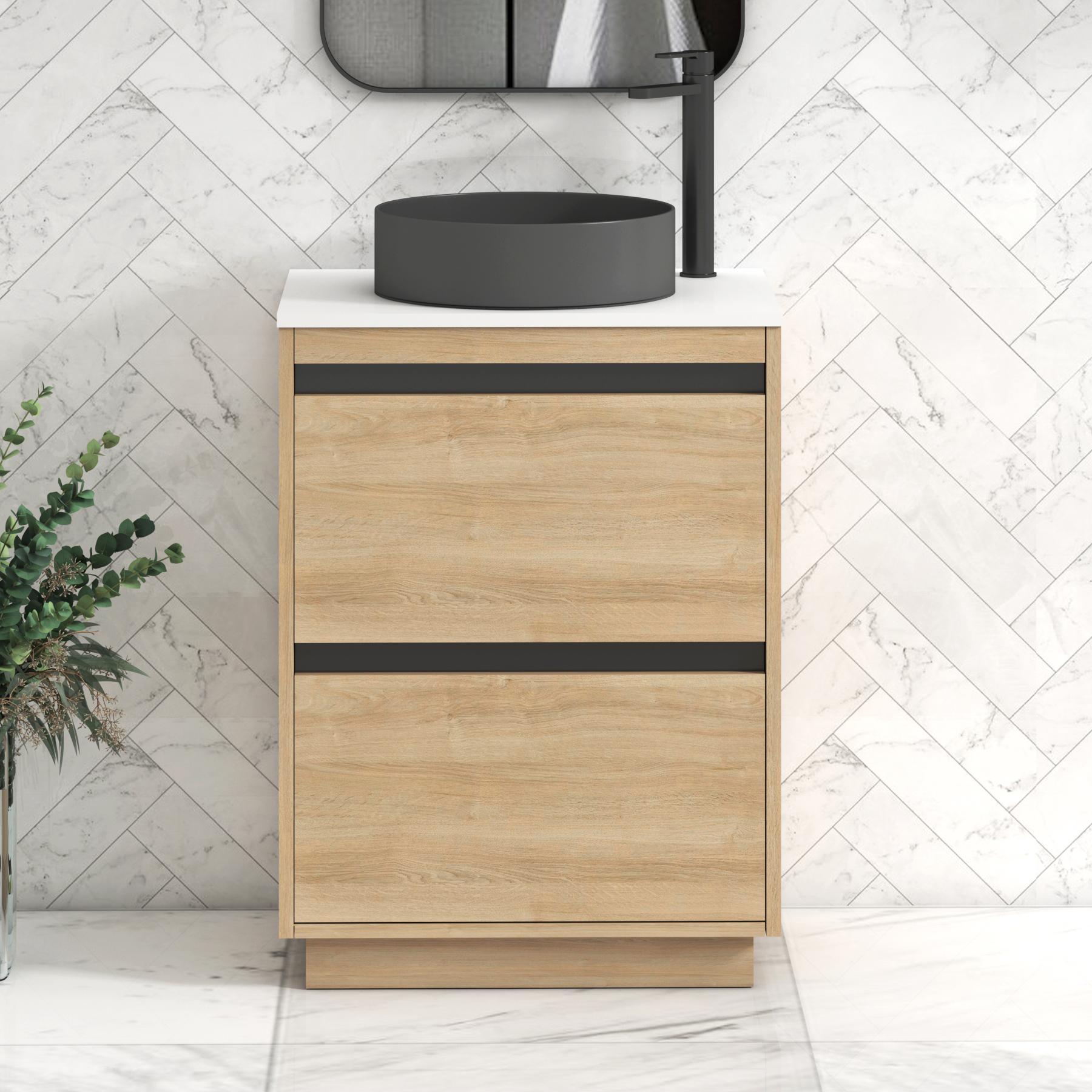 Orion 2 Drawer Natural Oak Floor Standing Vanity Unit with Plain White Top & Countertop Basin | Black Accent Trim