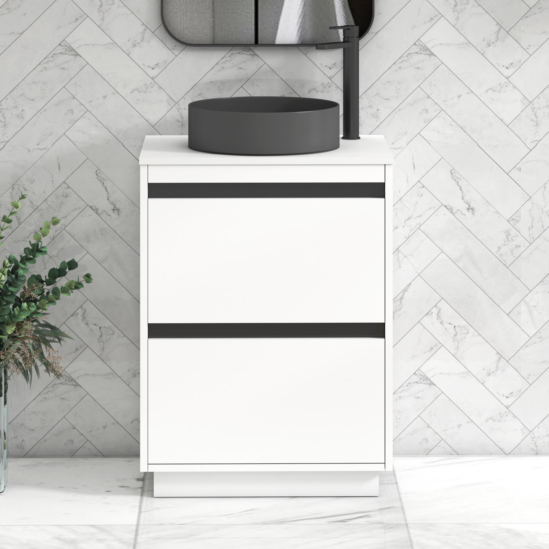 Orion 2 Drawer Matt White Floor Standing Vanity Unit with Plain White Top & Countertop Basin | Black Accent Trim