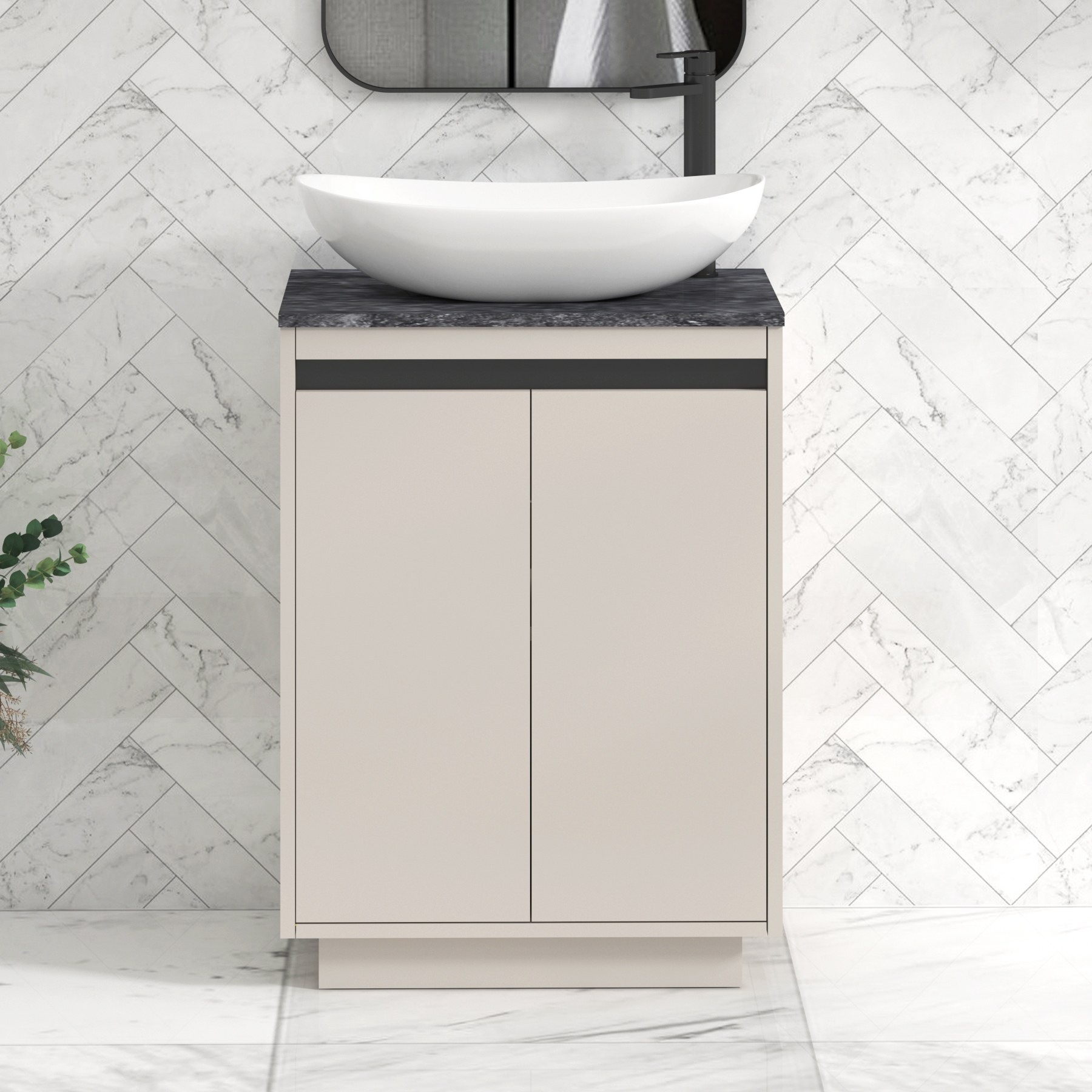 Orion 800mm Beige Floor Standing Countertop Vanity Unit 2 Door with Cesar Basin & Black Strip - Black Star