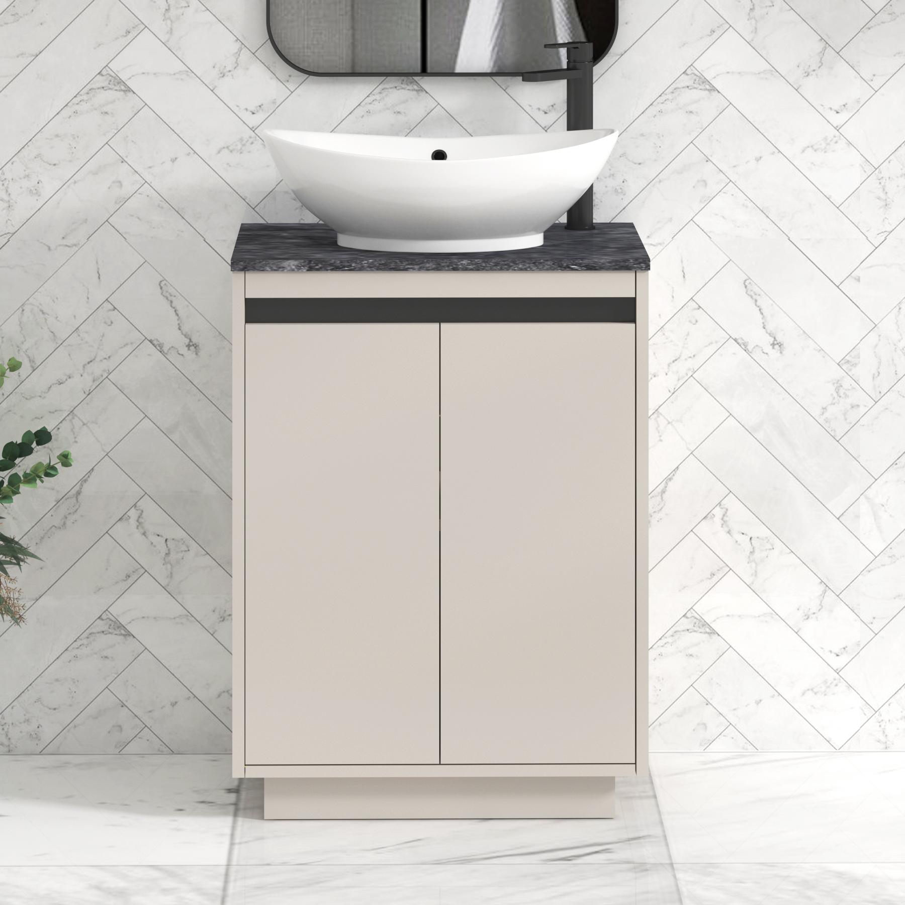 Orion 800mm Beige Floor Standing Countertop Vanity Unit 2 Door with Amaze Basin & Black Strip - Black Star