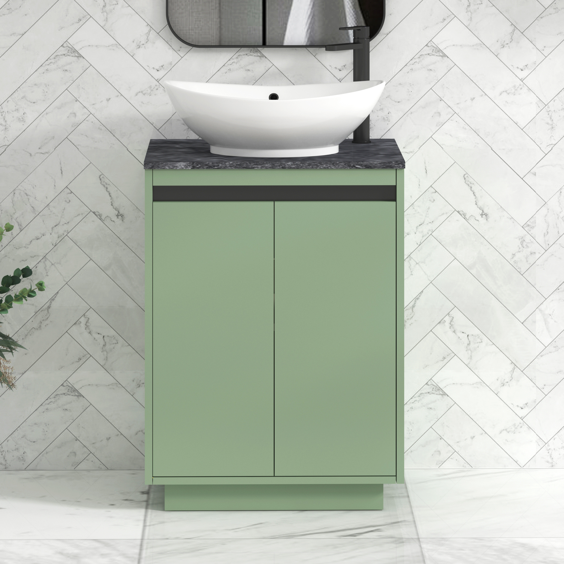 Orion 800mm Mint Green Floor Standing Countertop Vanity Unit 2 Door with Amaze Basin & Black Strip - Black Star