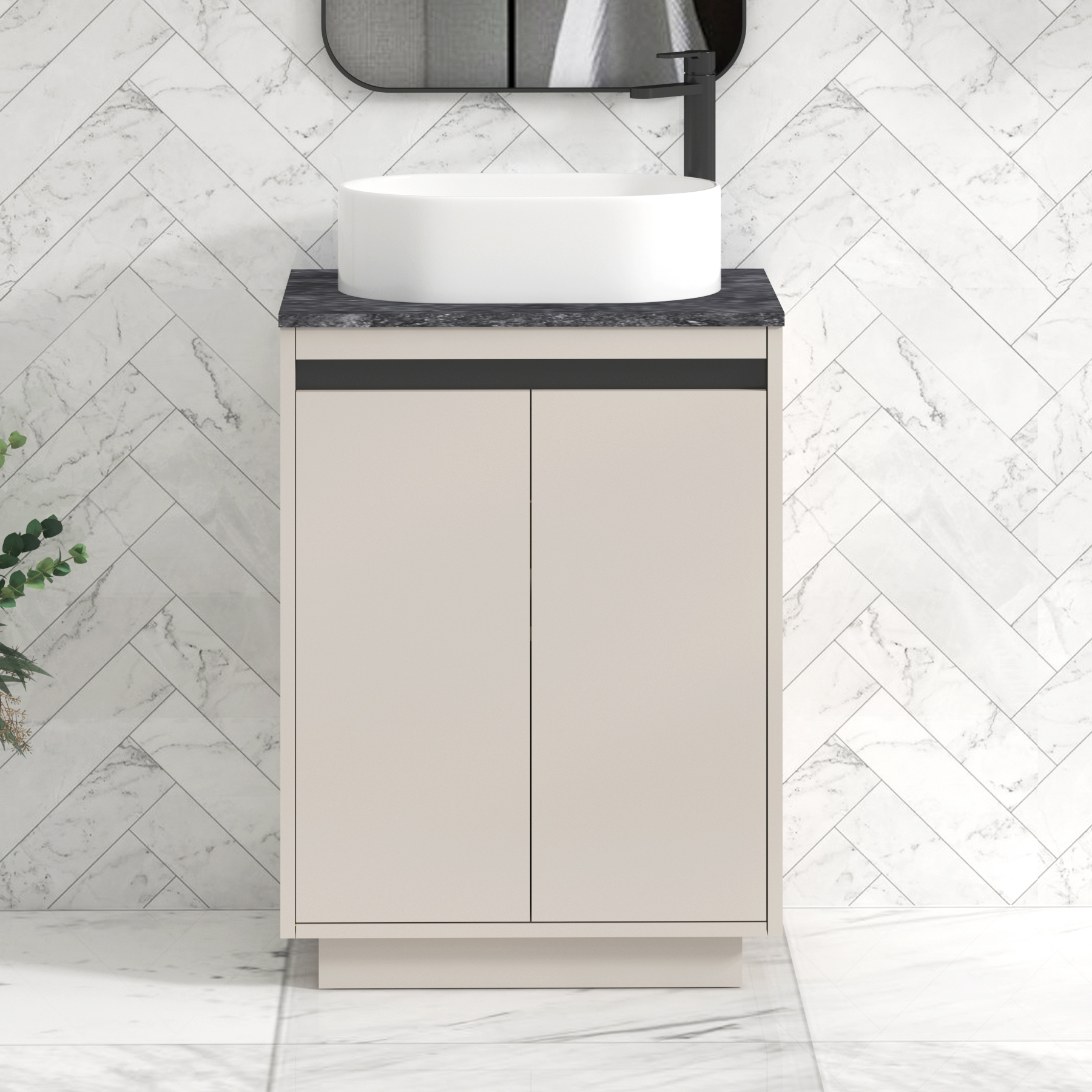 Orion 800mm Beige Floor Standing Countertop Vanity Unit 2 Door with Peak Basin & Black Strip - Black Star