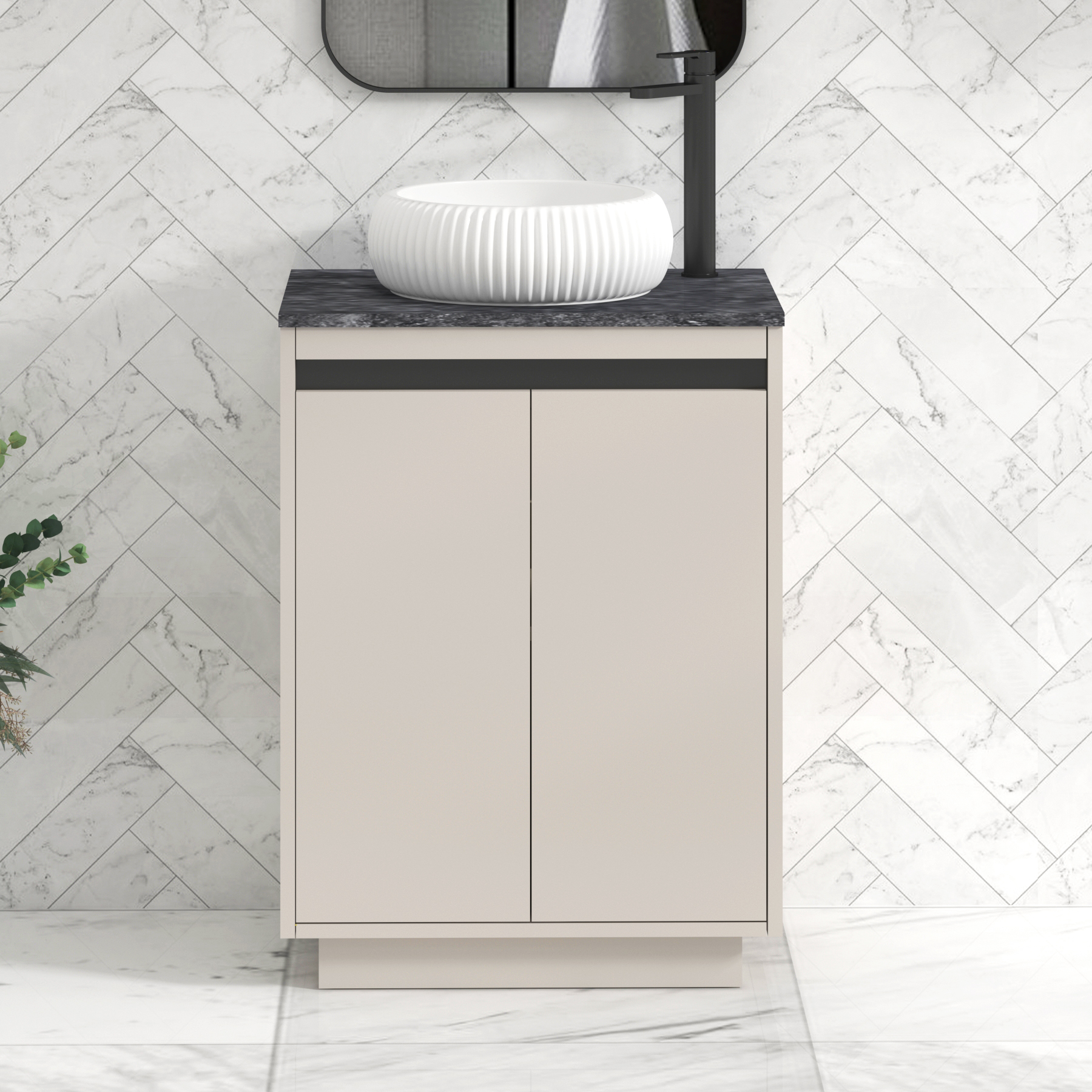Orion 800mm Beige Floor Standing Countertop Vanity Unit 2 Door with Milan Basin & Black Strip - Black Star