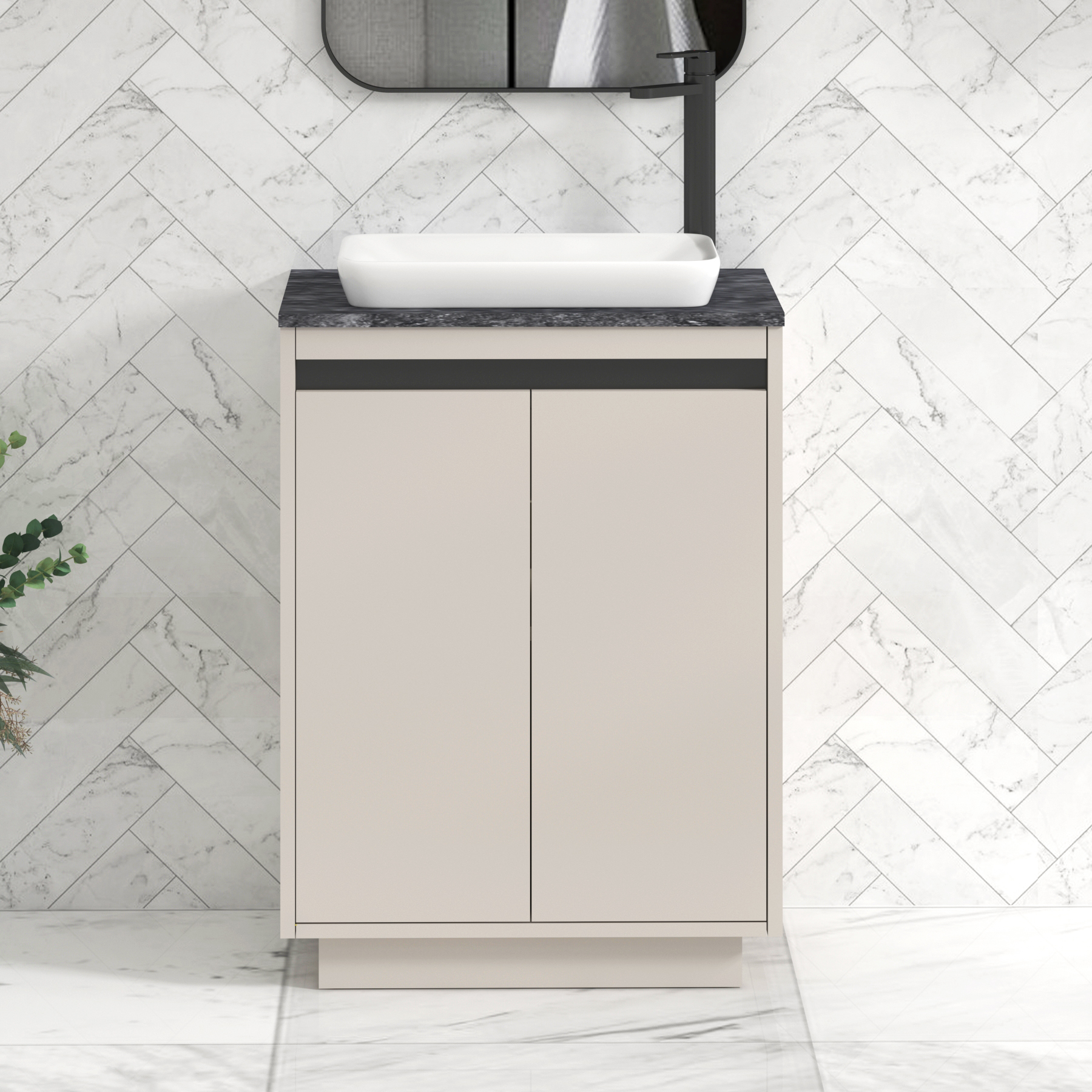 Orion 800mm Beige Floor Standing Countertop Vanity Unit 2 Door with Qubix Basin & Black Strip - Black Star
