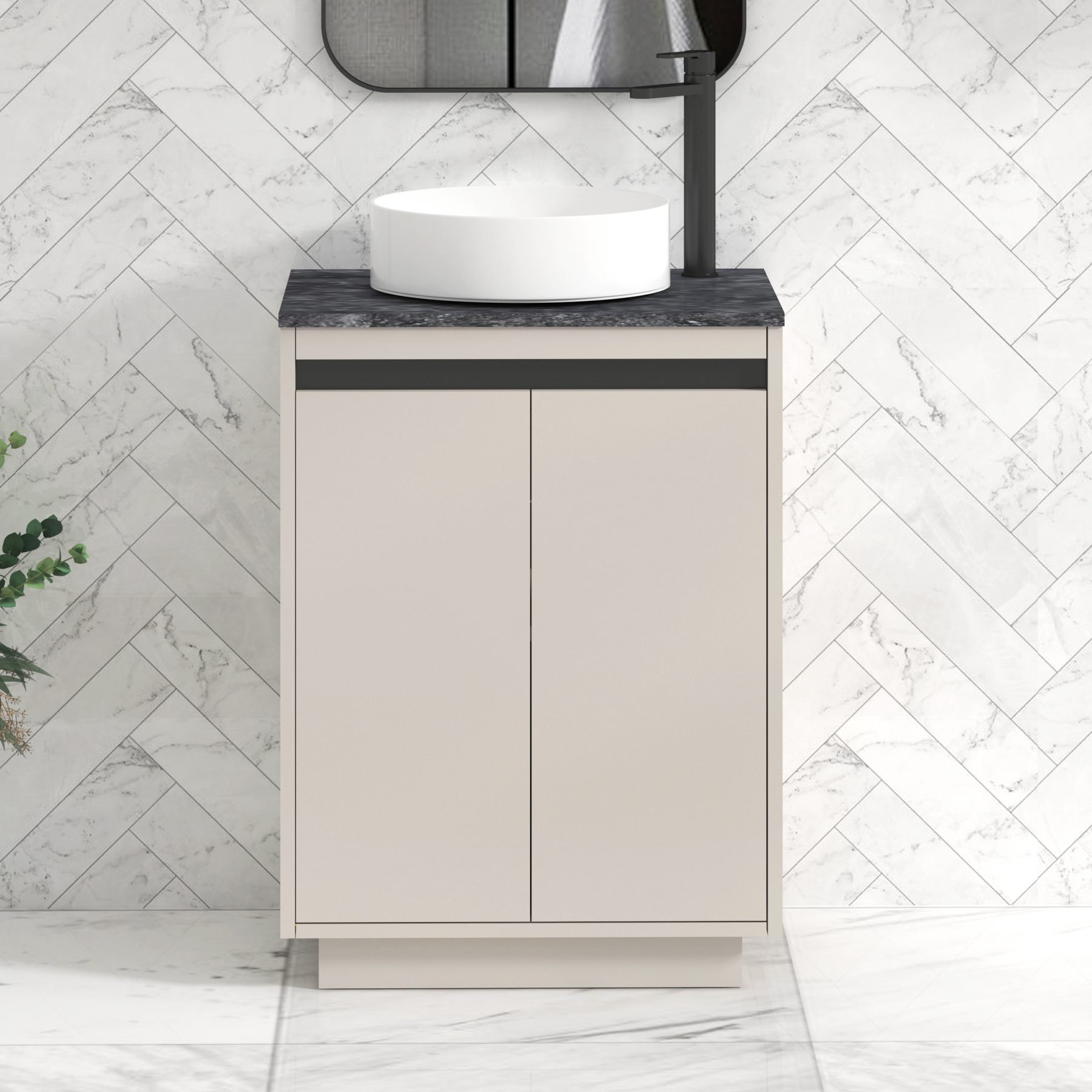 Orion 800mm Beige Floor Standing Countertop Vanity Unit 2 Door with Art Basin & Black Strip - Black Star