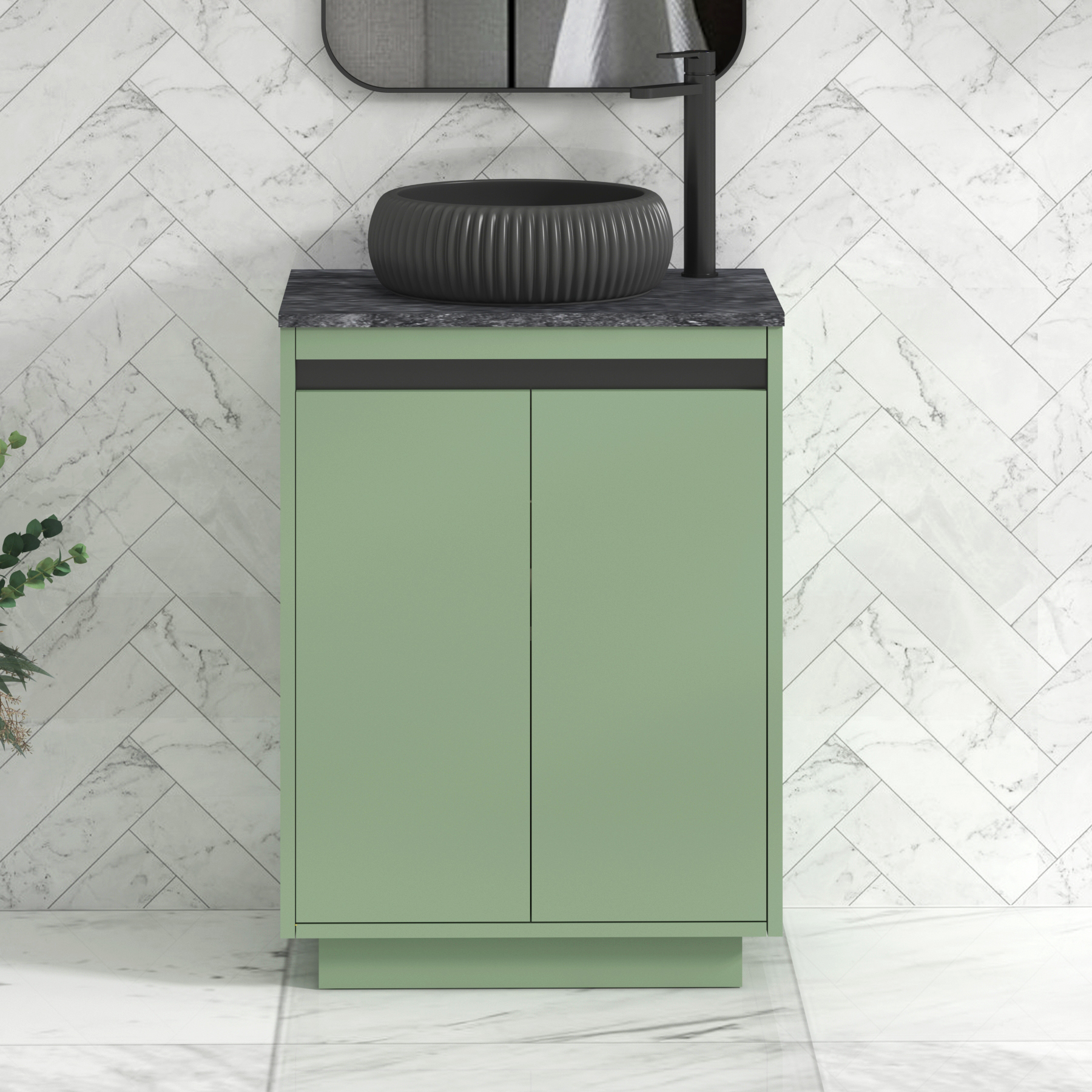 Orion 800mm Mint Green Floor Standing Countertop Vanity Unit 2 Door with Milan Black Basin & Black Strip - Black Star
