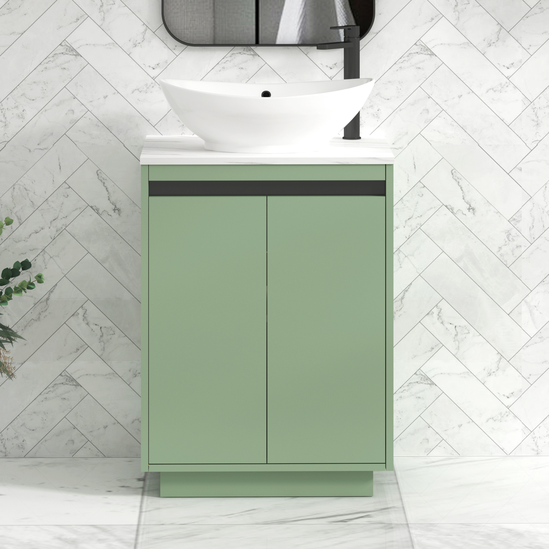 Orion 800mm Mint Green Floor Standing Countertop Vanity Unit 2 Door with Amaze Basin & Black Strip