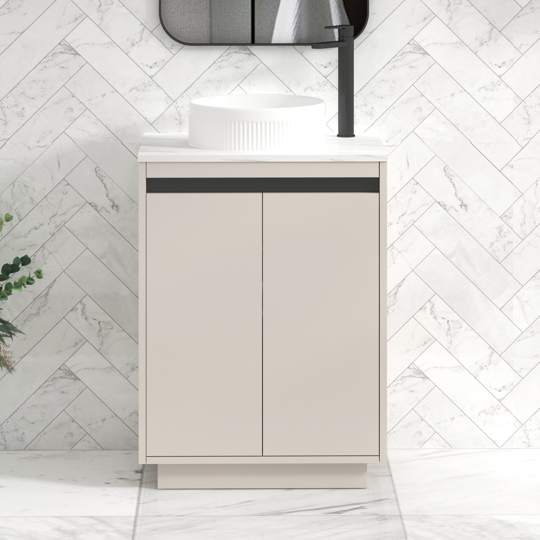 Orion 800mm Beige Floor Standing Countertop Vanity Unit 2 Door with Round Basin & Black Strip