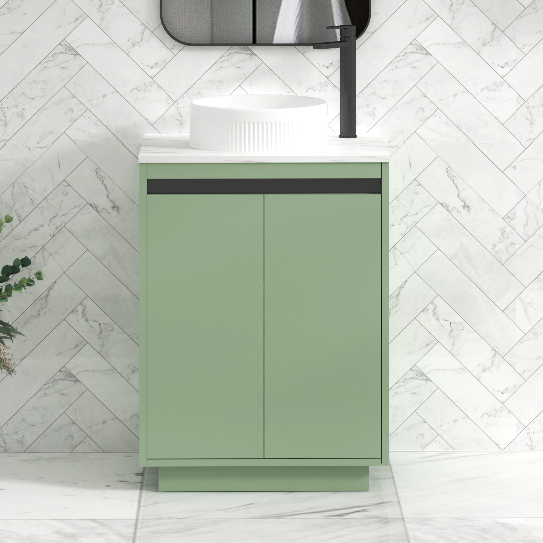 Orion 800mm Mint Green Floor Standing Countertop Vanity Unit 2 Door with Round Basin & Black Strip