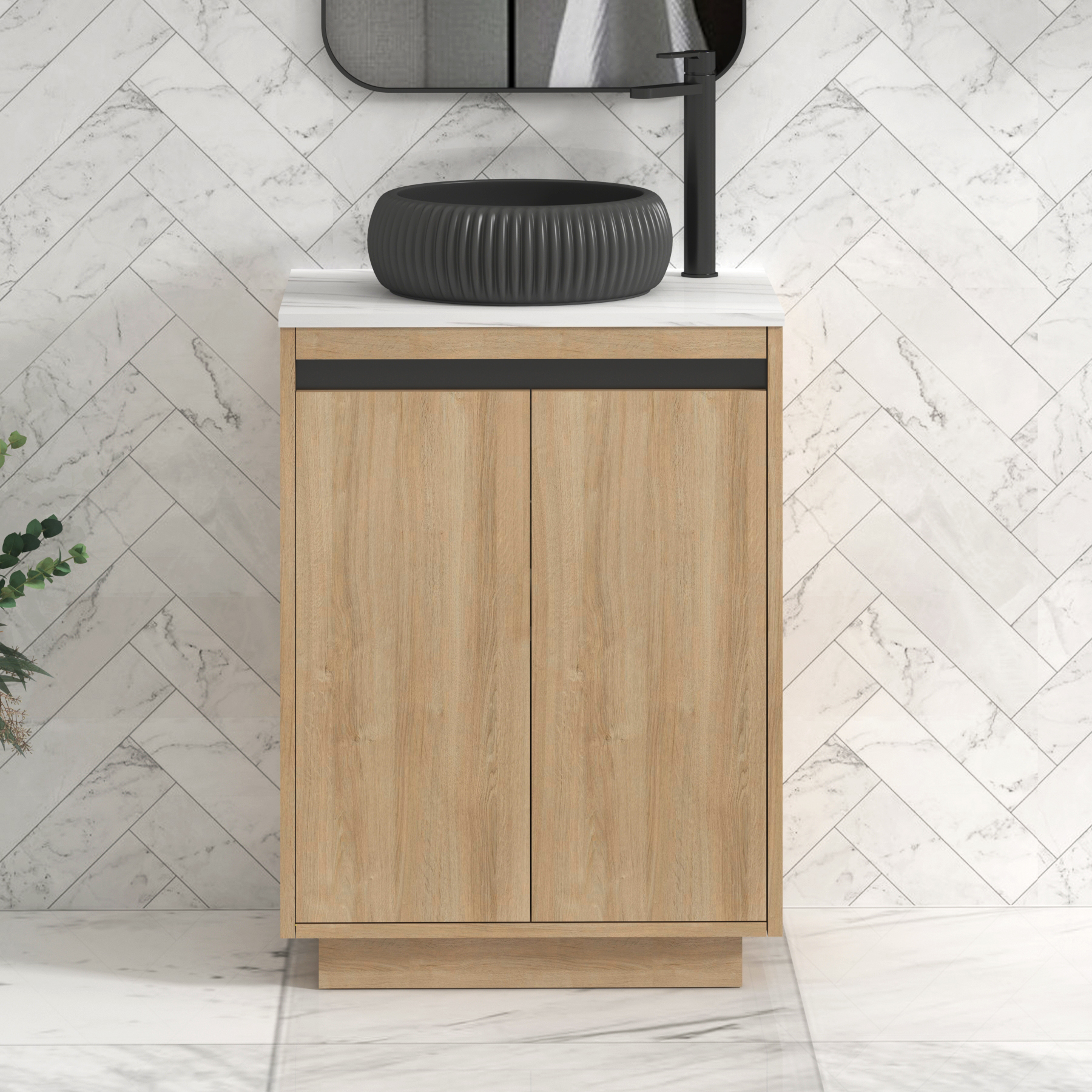 Orion 800mm Oak Floor Standing Countertop Vanity Unit 2 Door with Milan Black Basin & Black Strip