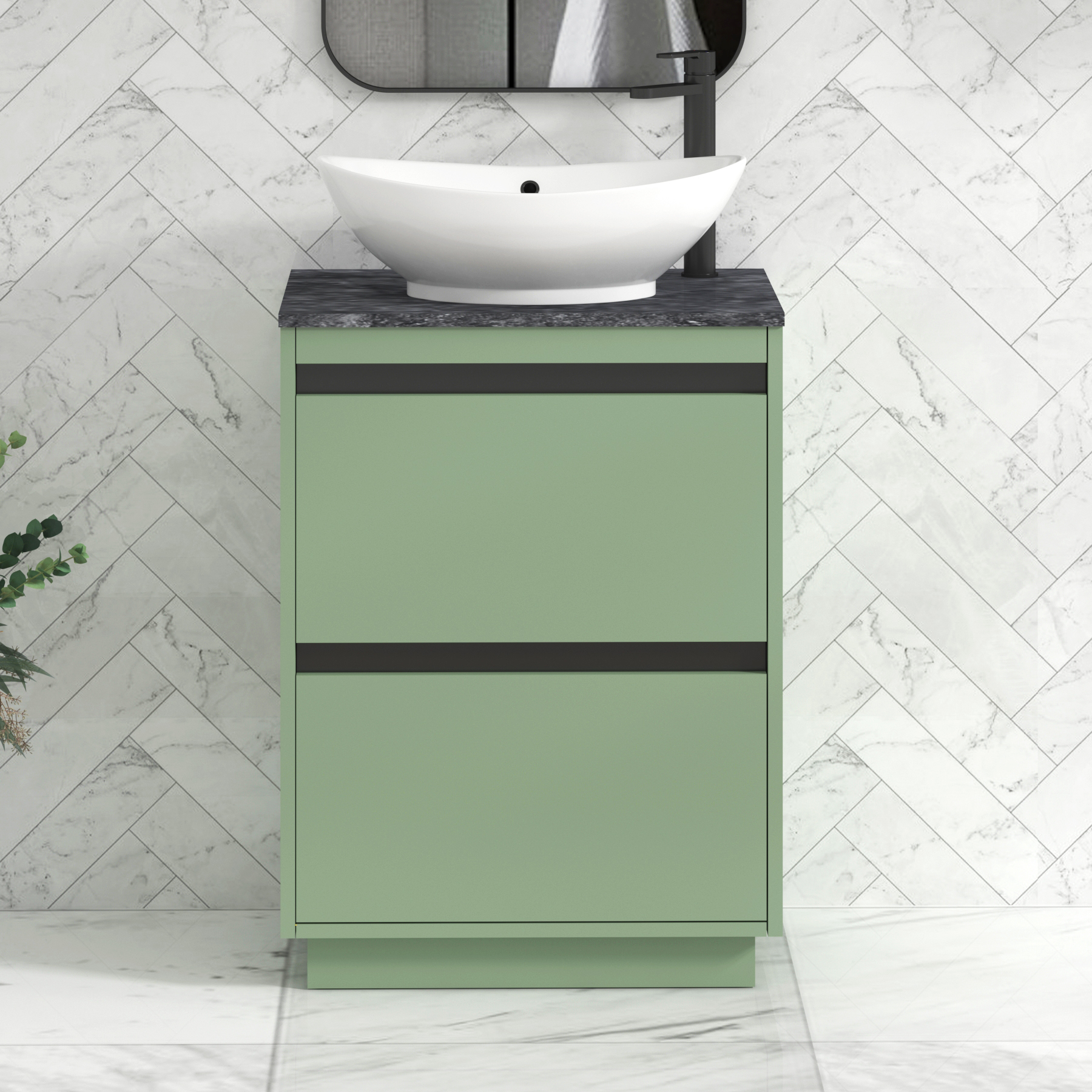 Orion 800mm Mint Green Floor Standing Countertop Vanity Unit 2 Drawer with Amaze Basin & Black Strip - Black Star