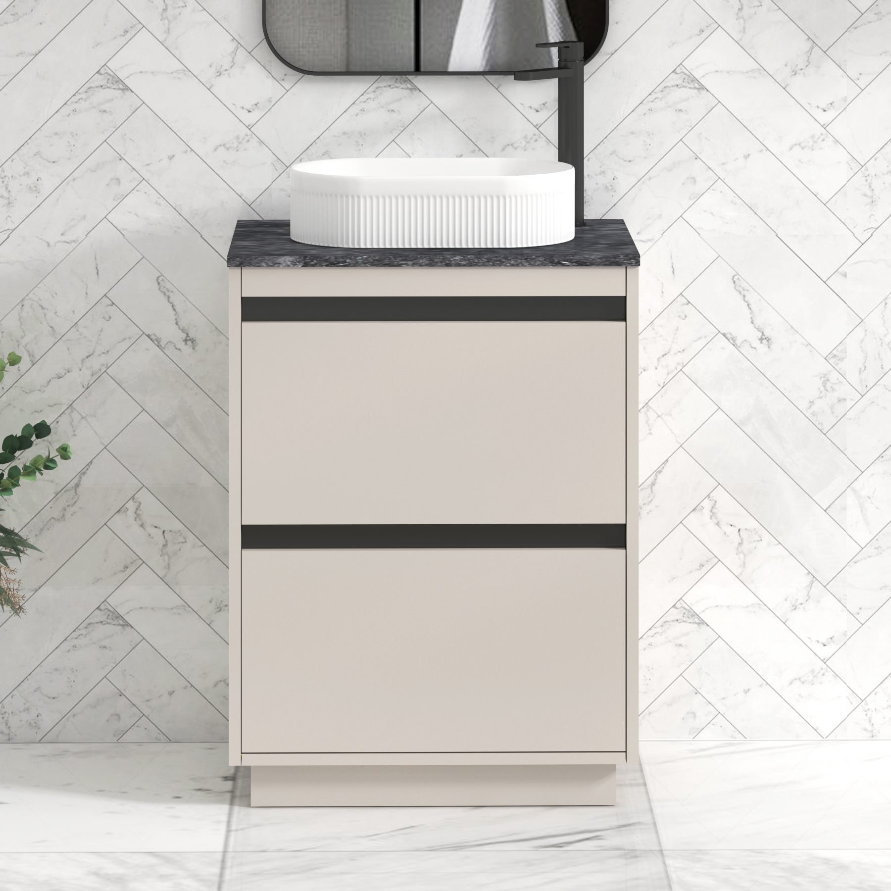 Orion 800mm Beige Floor Standing Countertop Vanity Unit 2 Drawer with Lyon Basin & Black Strip - Black Star
