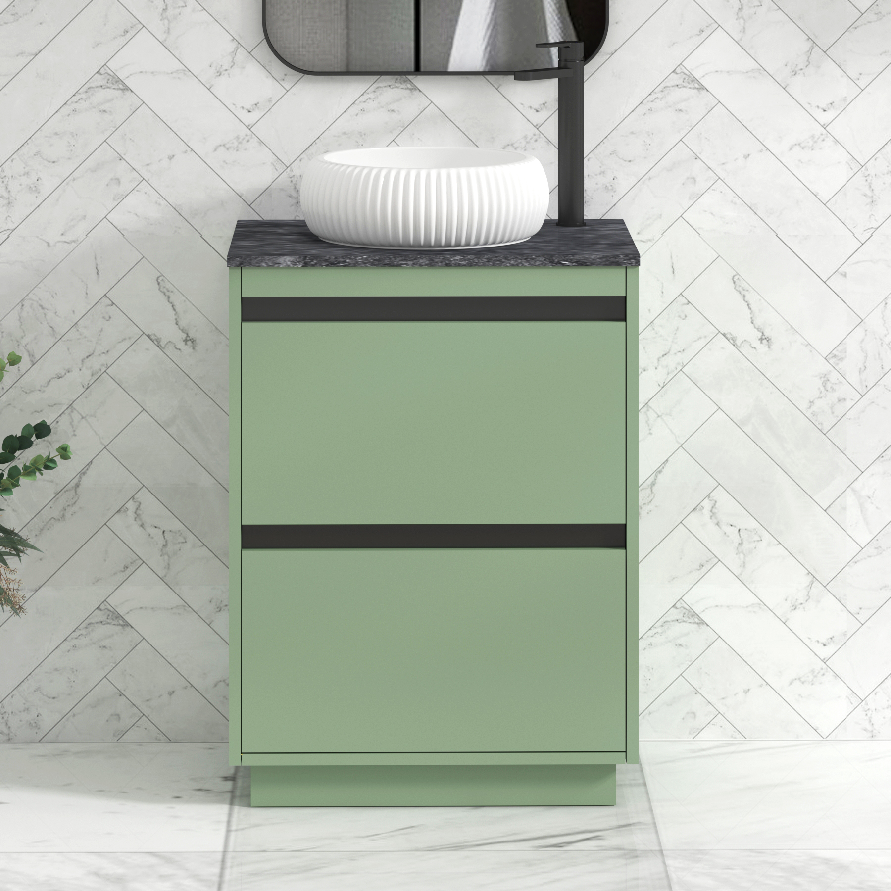 Orion 800mm Mint Green Floor Standing Countertop Vanity Unit 2 Drawer with Milan Basin & Black Strip - Black Star