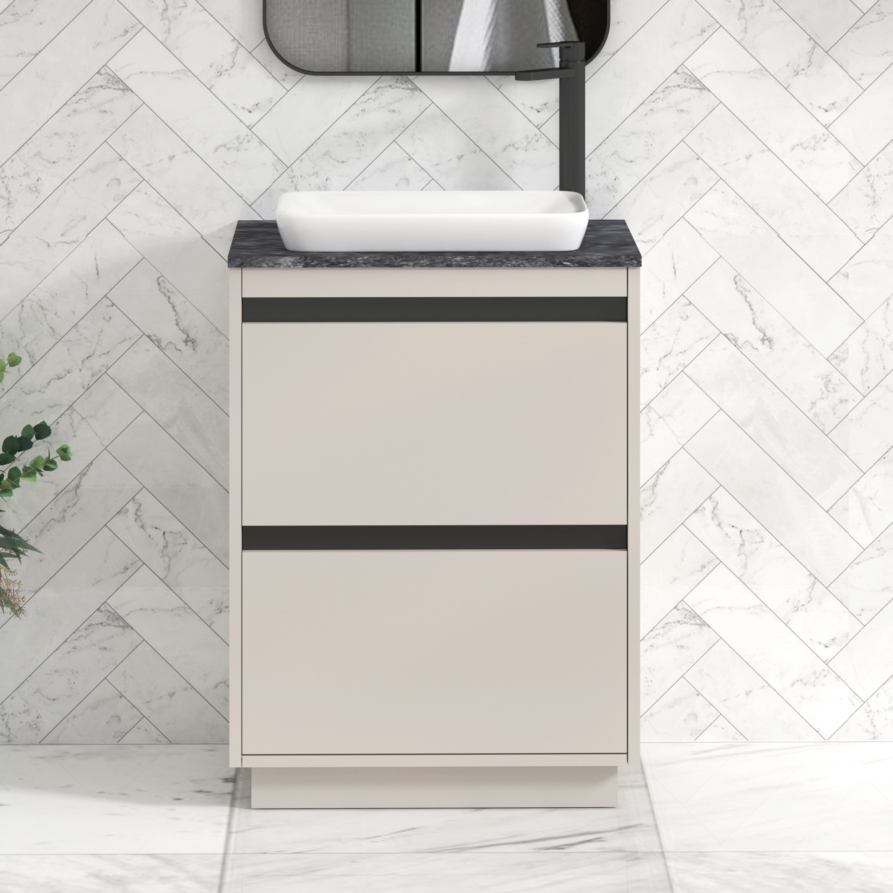 Orion 800mm Beige Floor Standing Countertop Vanity Unit 2 Drawer with Qubix Basin & Black Strip - Black Star