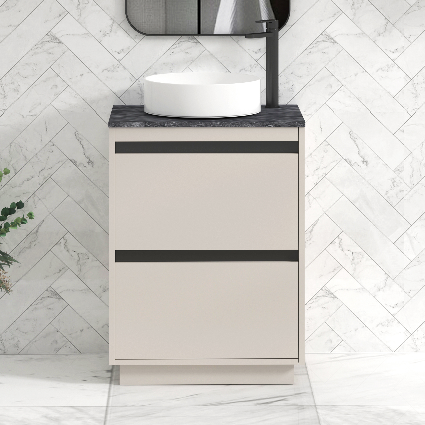 Orion 800mm Beige Floor Standing Countertop Vanity Unit 2 Drawer with Art Basin & Black Strip - Black Star