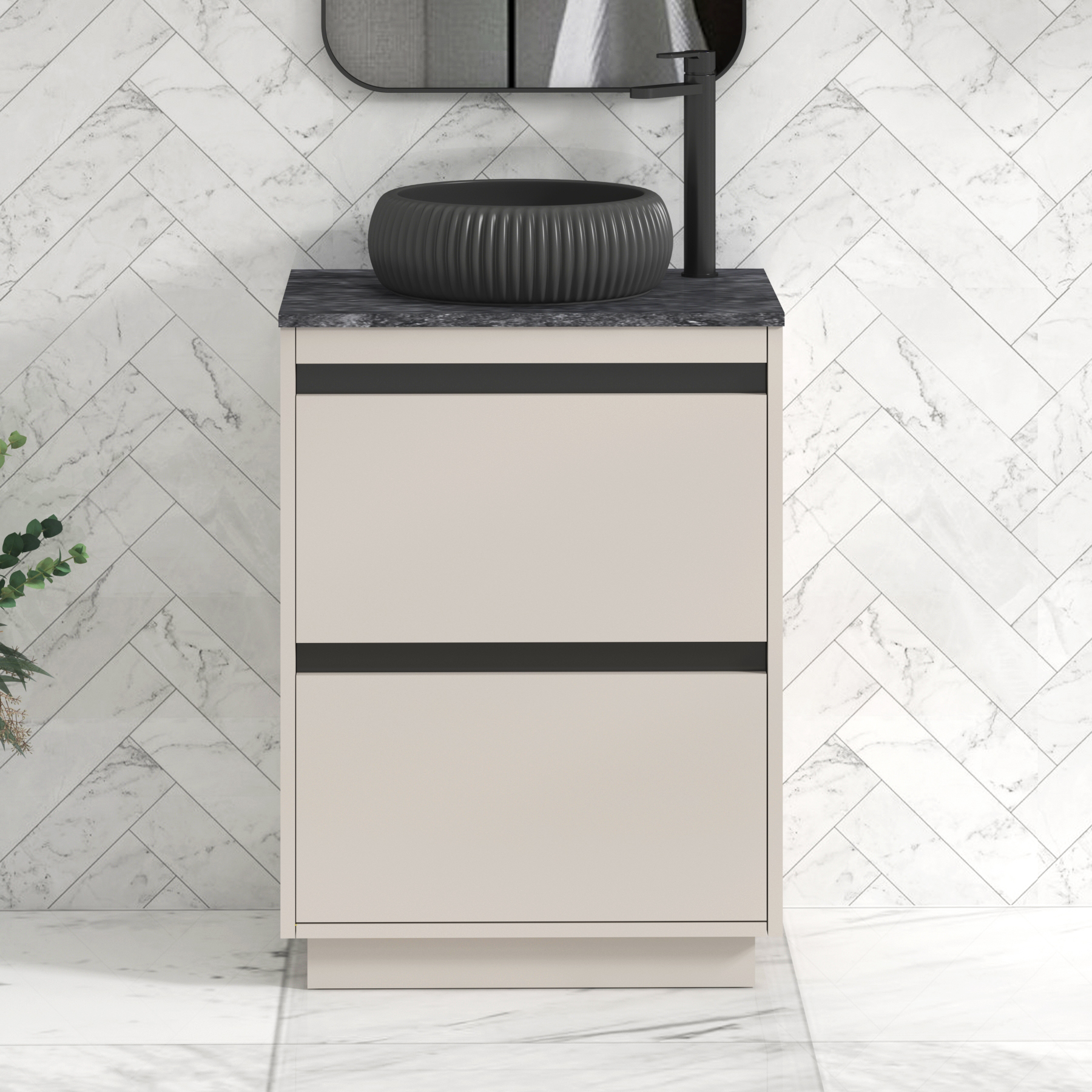 Orion 800mm Beige Floor Standing Countertop Vanity Unit 2 Drawer with Milan Black Basin & Black Strip - Black Star