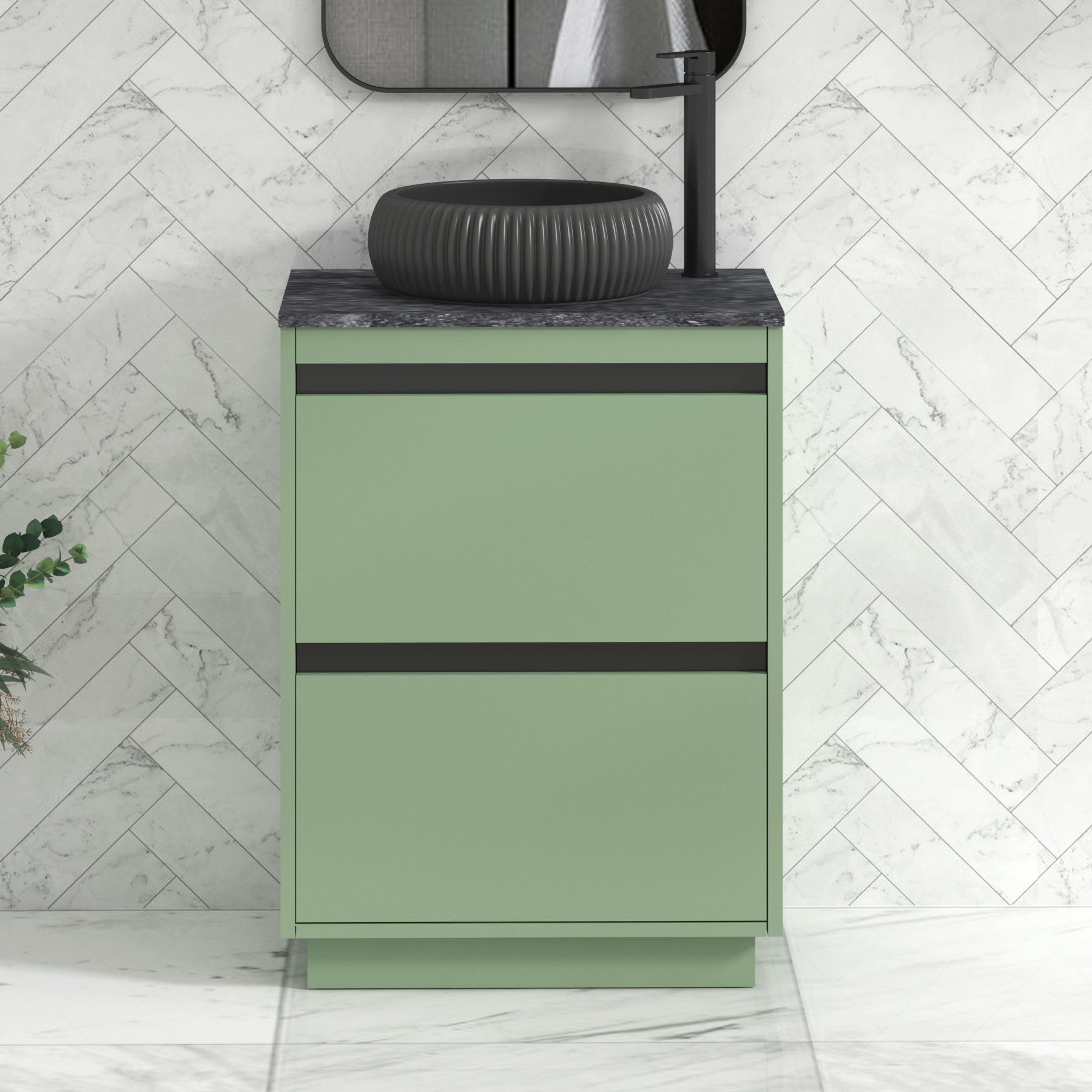 Orion 800mm Mint Green Floor Standing Countertop Vanity Unit 2 Drawer with Milan Black Basin & Black Strip - Black Star