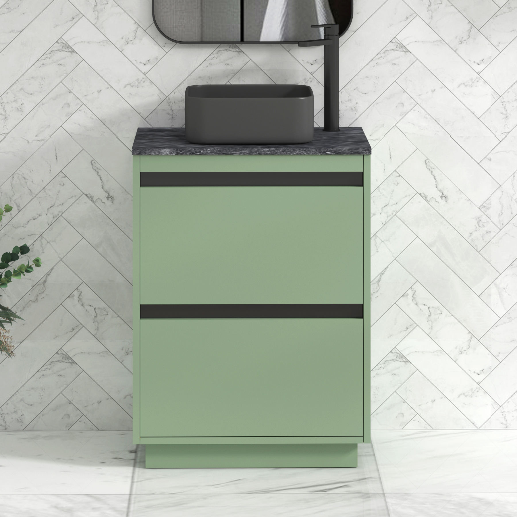Orion 800mm Mint Green Floor Standing Countertop Vanity Unit 2 Drawer with Art Square Basin & Black Strip - Black Star