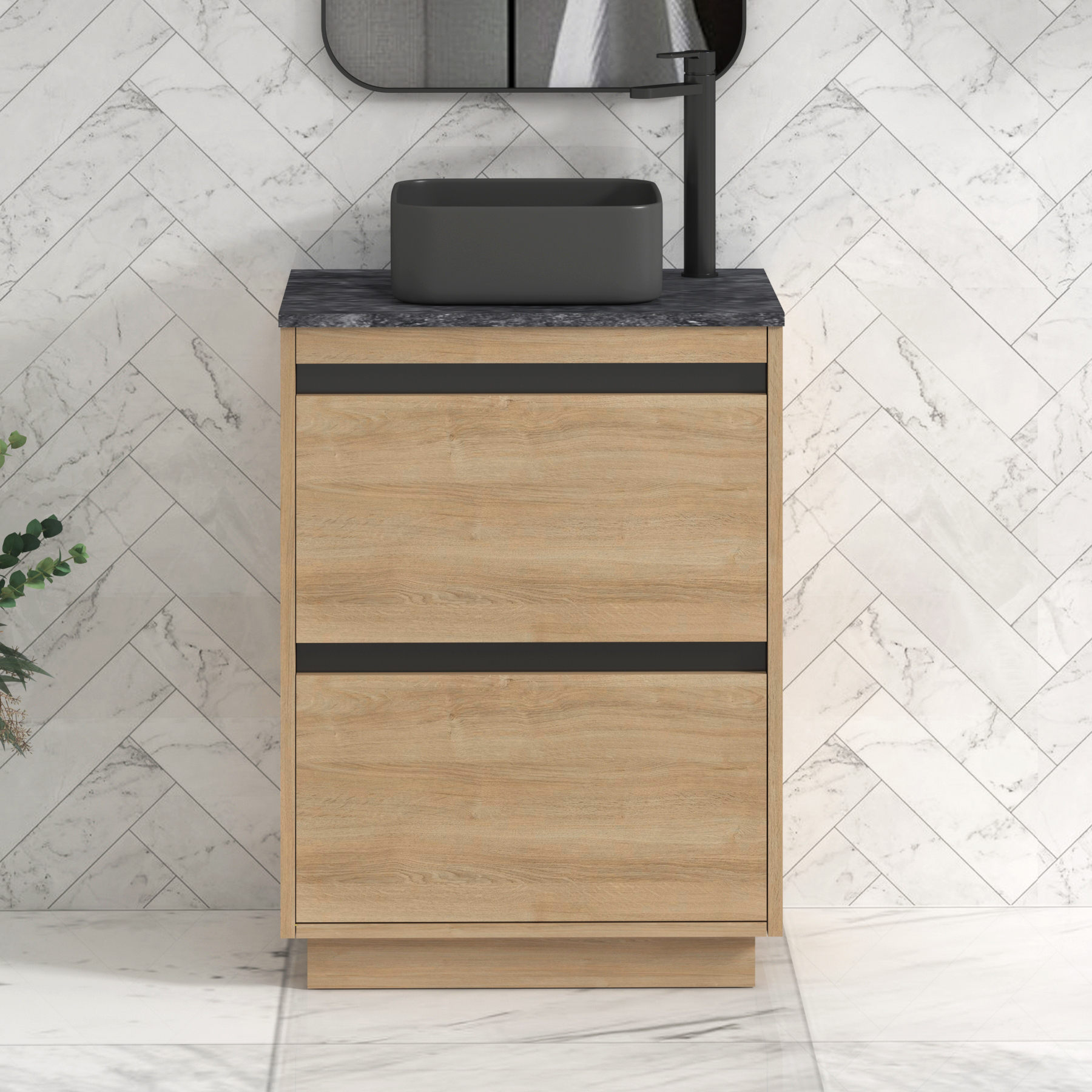 Orion 800mm Oak Floor Standing Countertop Vanity Unit 2 Drawer with Art Square Basin & Black Strip - Black Star
