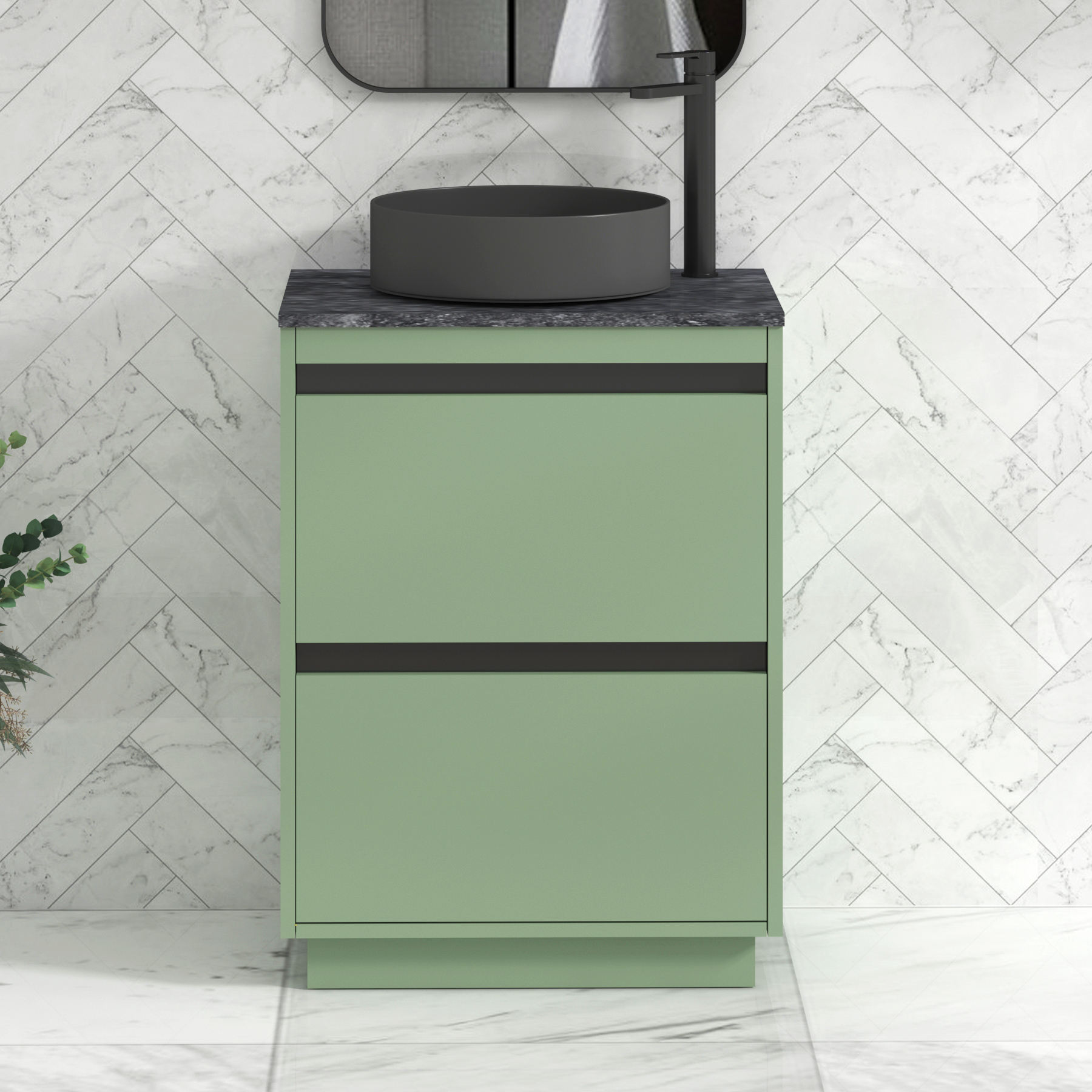 Orion 800mm Mint Green Floor Standing Countertop Vanity Unit 2 Drawer with Art Round Basin & Black Strip - Black Star