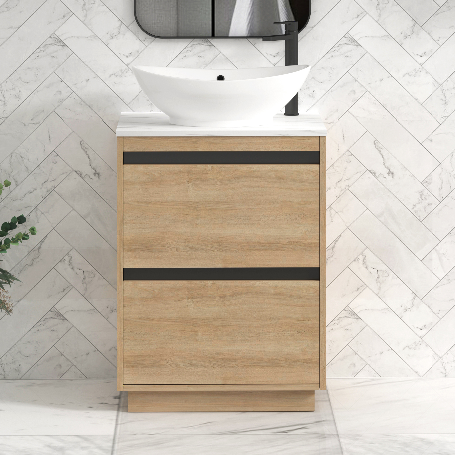 Orion 800mm Oak Floor Standing Countertop Vanity Unit 2 Drawer with Amaze Basin & Black Strip
