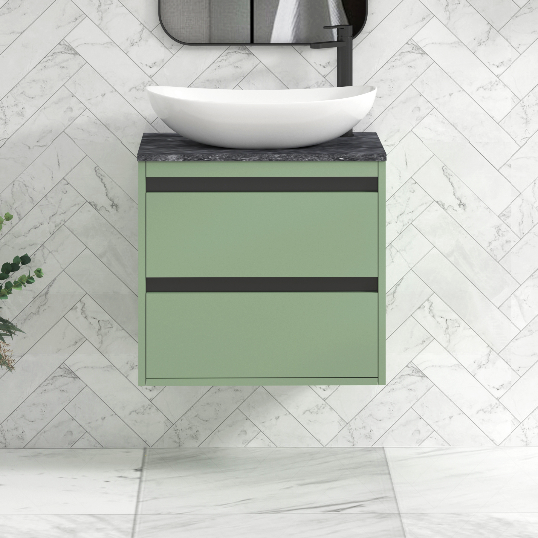 Orion 600mm Mint Green Wall Hung Countertop Vanity Unit 2 Drawer with Cesar Basin & Black Strip - Black Star