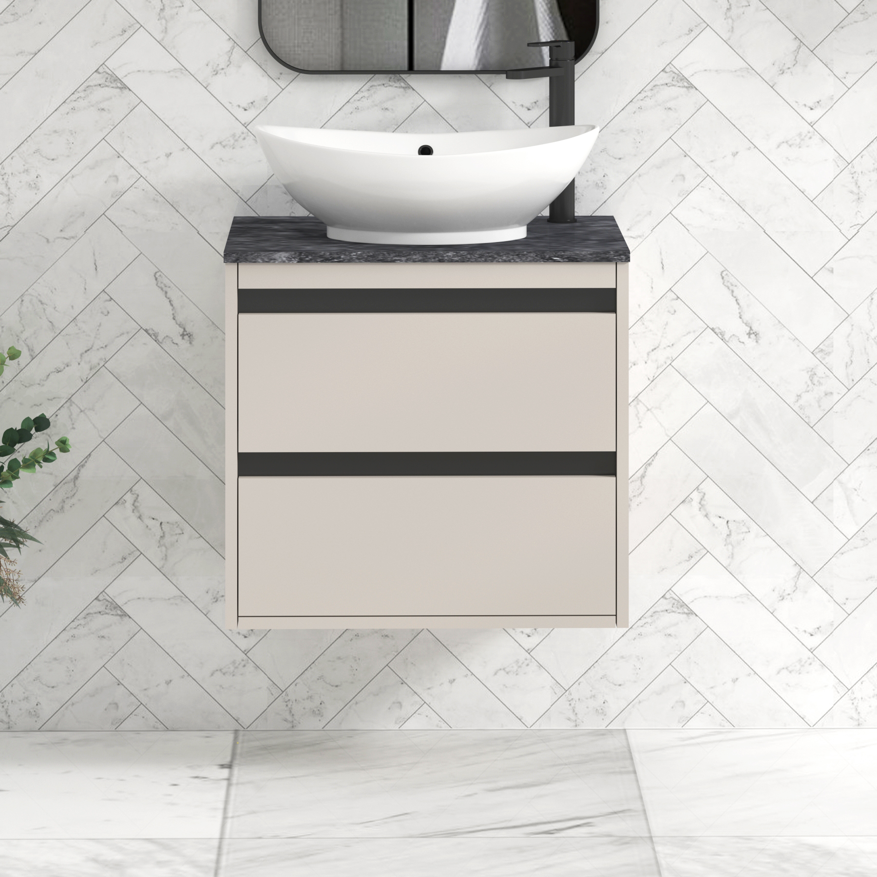 Orion 600mm Beige Wall Hung Countertop Vanity Unit 2 Drawer with Amaze Basin & Black Strip - Black Star