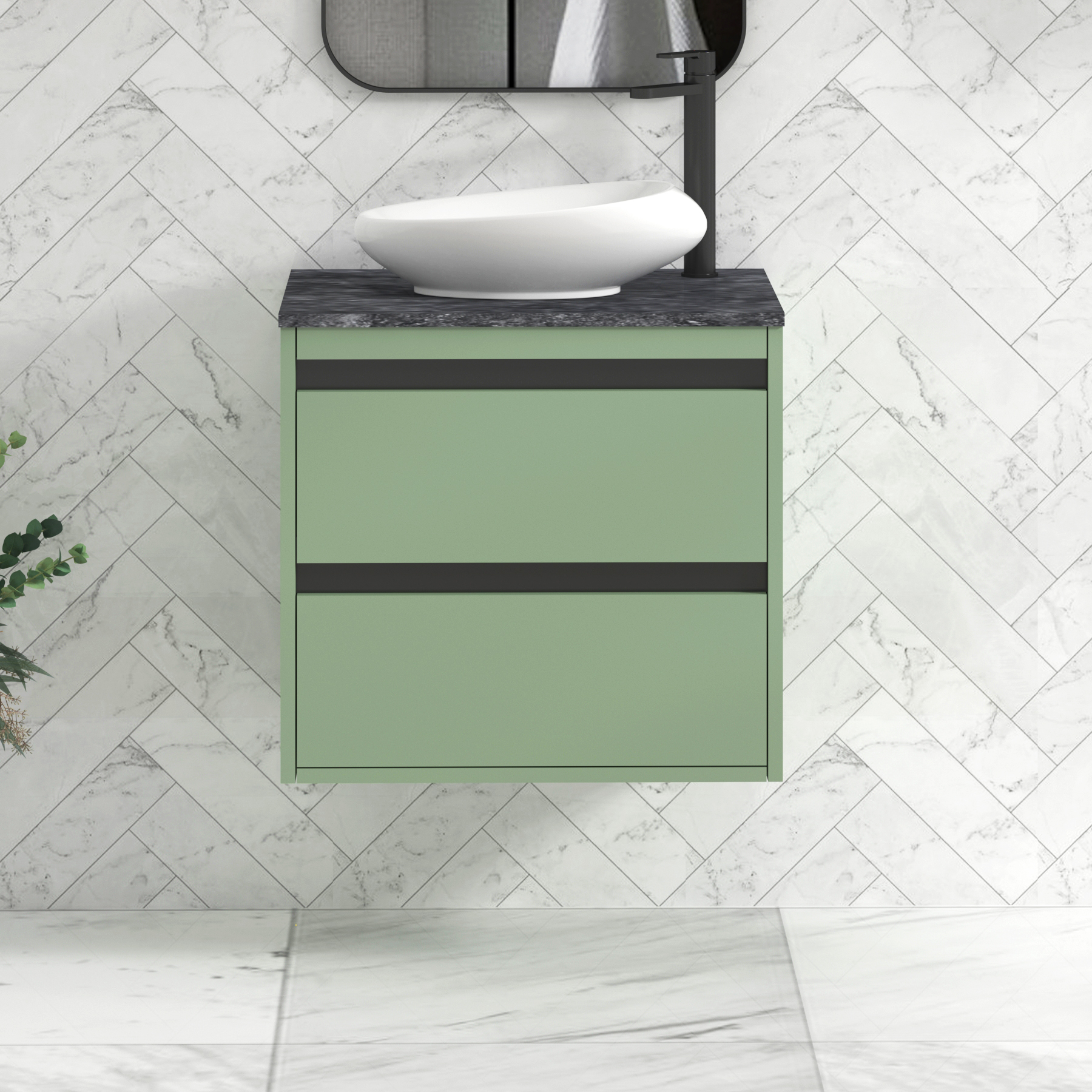 Orion 600mm Mint Green Wall Hung Countertop Vanity Unit 2 Drawer with Nova Basin & Black Strip - Black Star