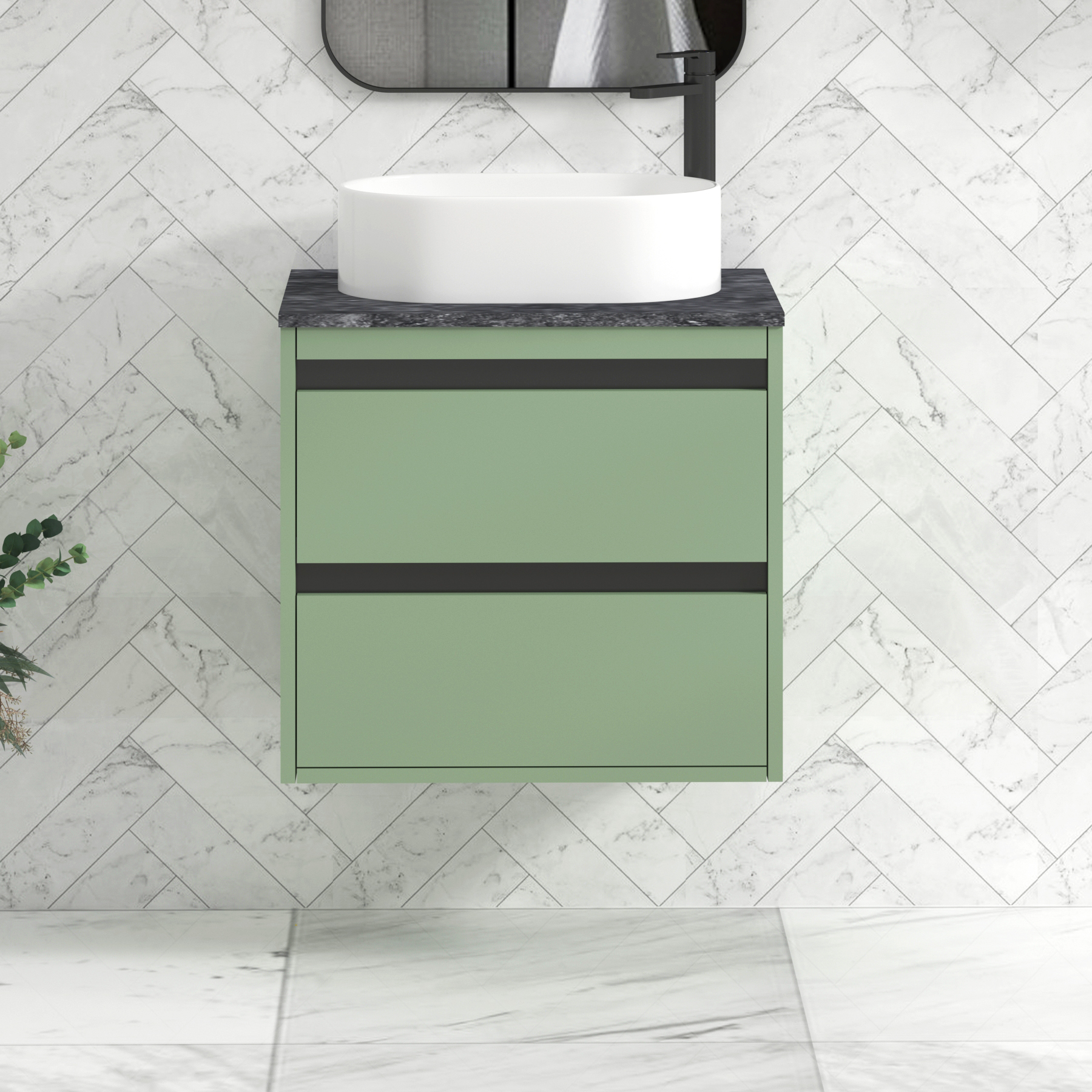 Orion 600mm Mint Green Wall Hung Countertop Vanity Unit 2 Drawer with Peak Basin & Black Strip - Black Star