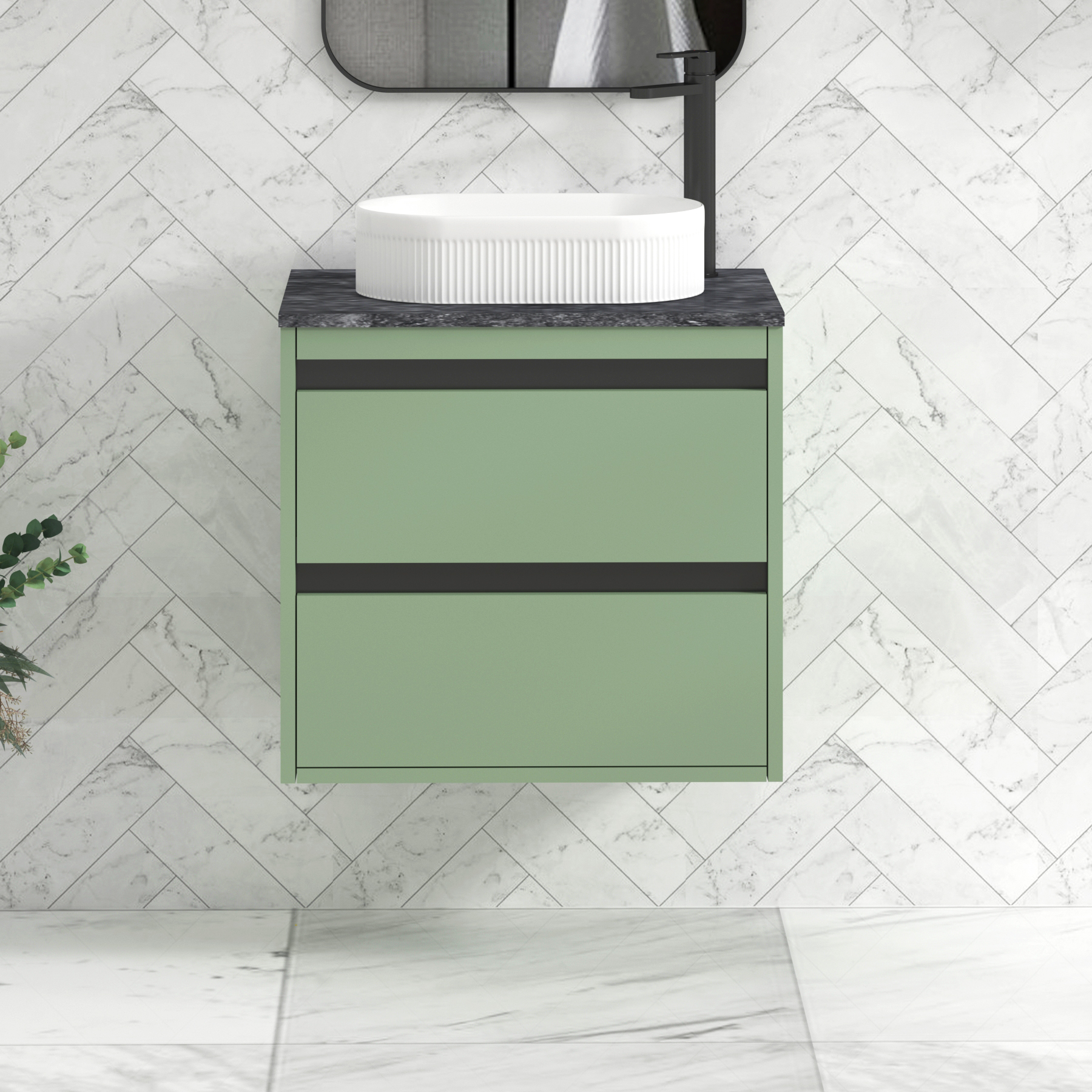 Orion 600mm Mint Green Wall Hung Countertop Vanity Unit 2 Drawer with Lyon Basin & Black Strip - Black Star