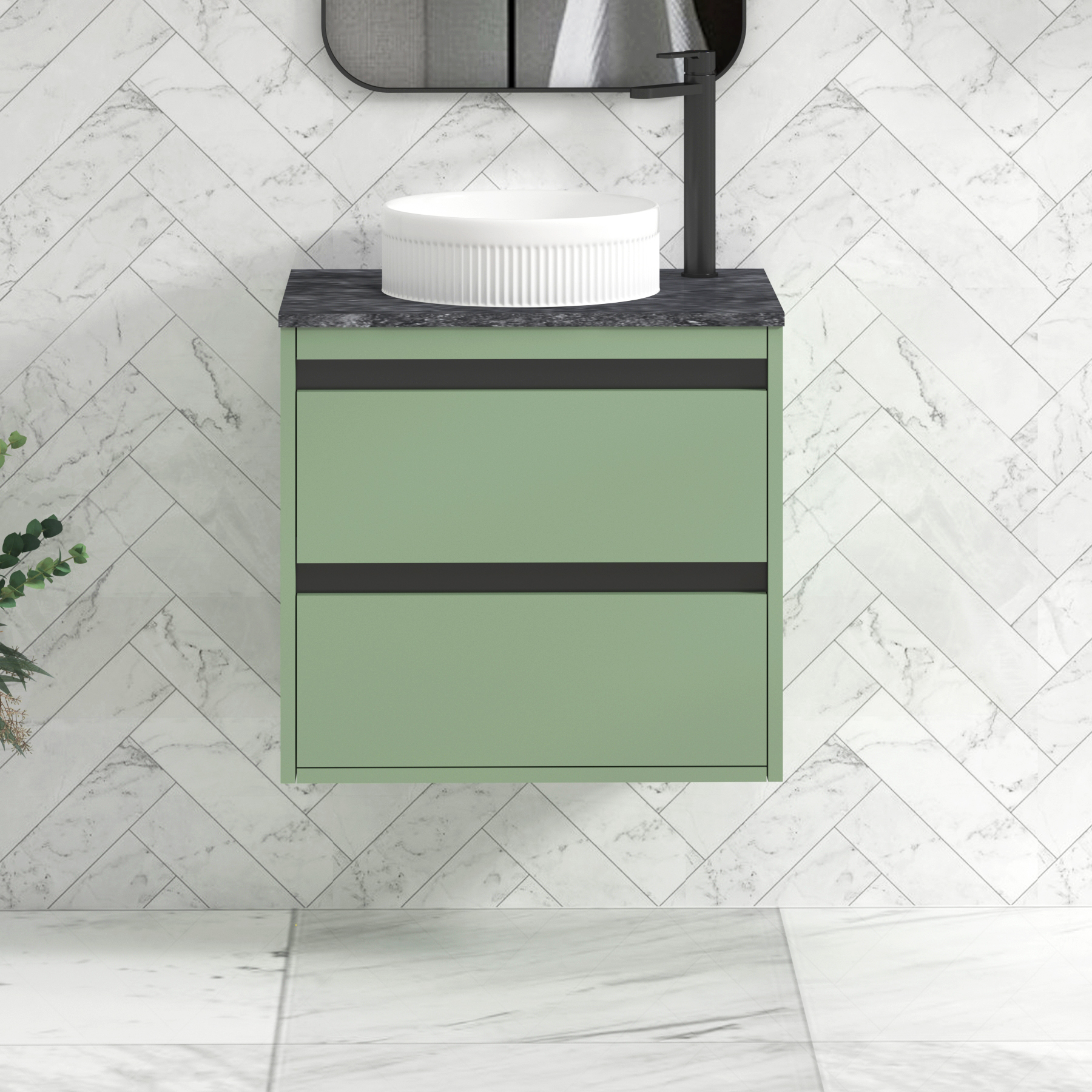 Orion 600mm Mint Green Wall Hung Countertop Vanity Unit 2 Drawer with Round Basin & Black Strip - Black Star