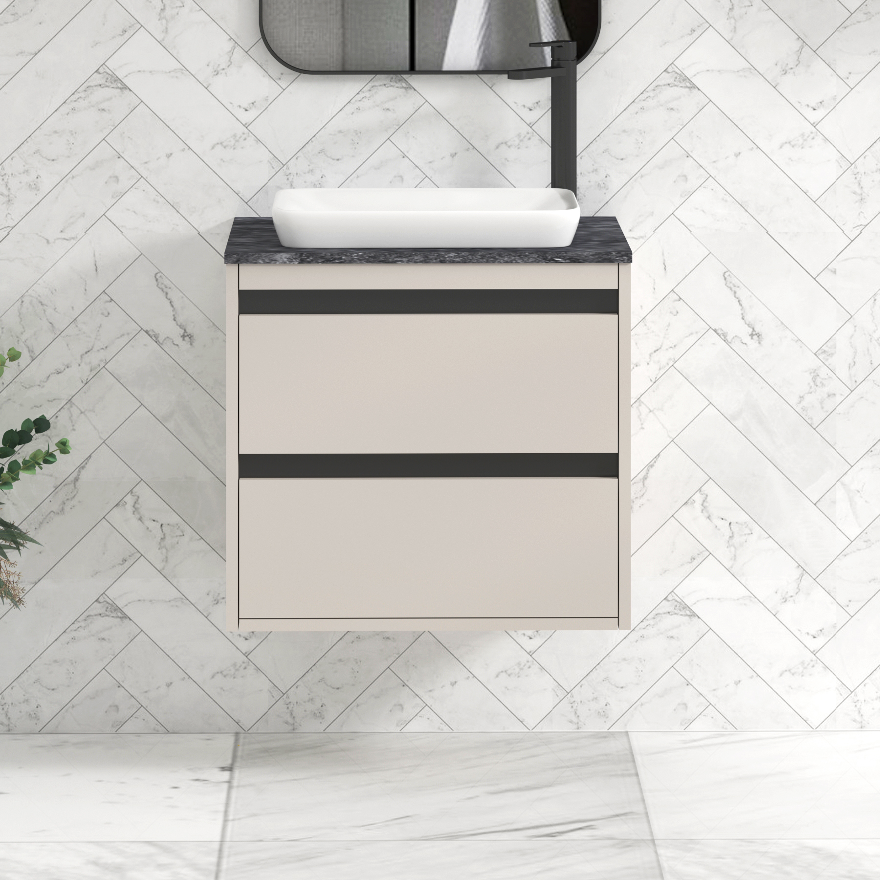 Orion 600mm Beige Wall Hung Countertop Vanity Unit 2 Drawer with Qubix Basin & Black Strip - Black Star