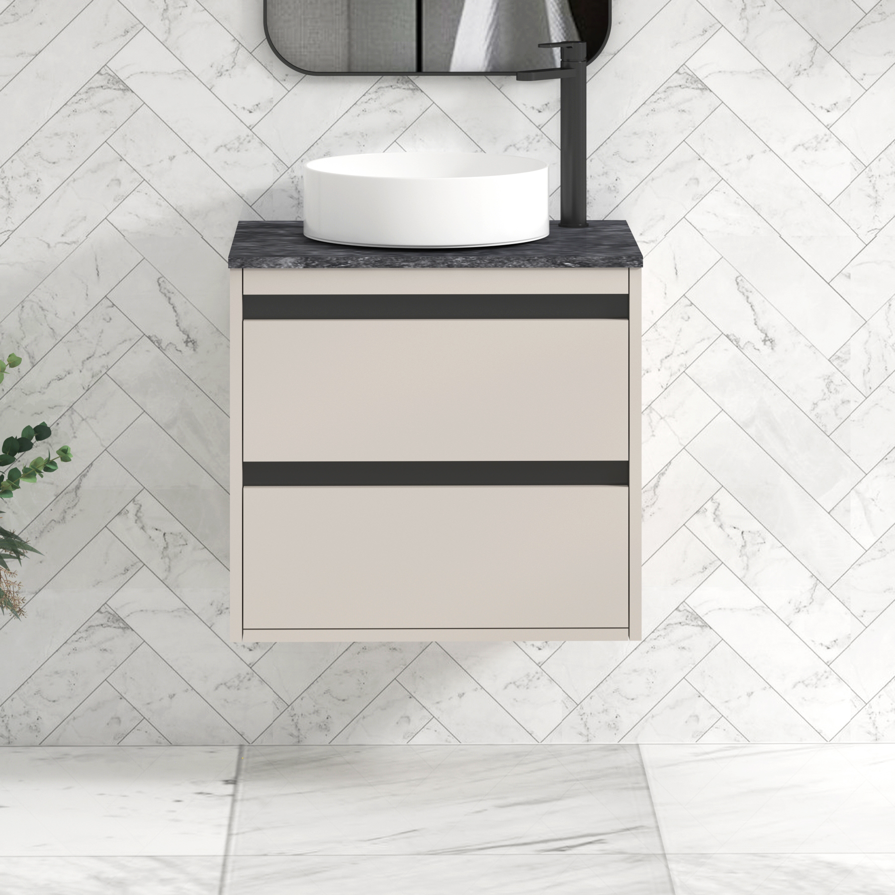 Orion 600mm Beige Wall Hung Vanity Unit 2 Drawer with Black Star Undrilled Worktop & Black Strip