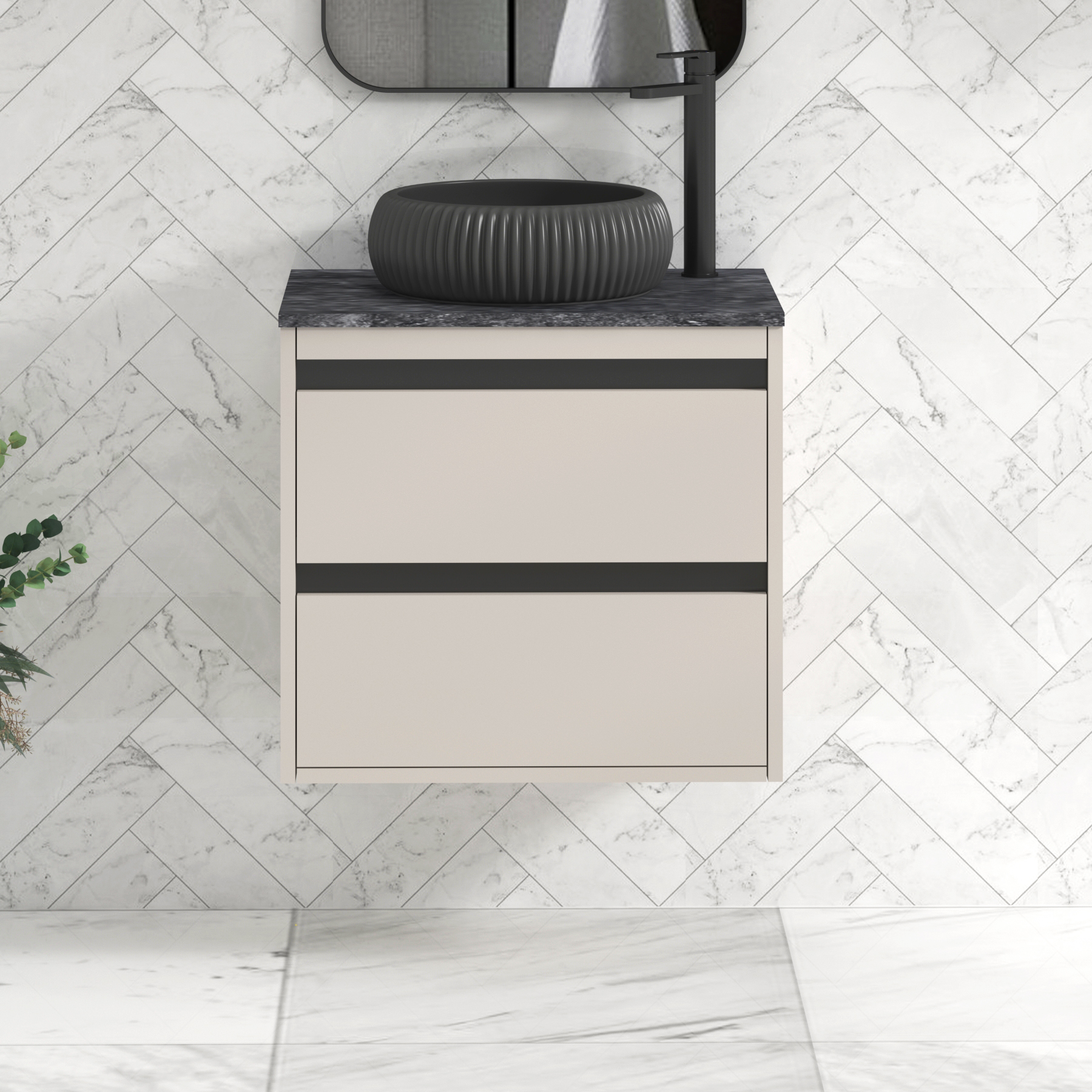Orion 600mm Beige Wall Hung Countertop Vanity Unit 2 Drawer with Milan Black Basin & Black Strip - Black Star