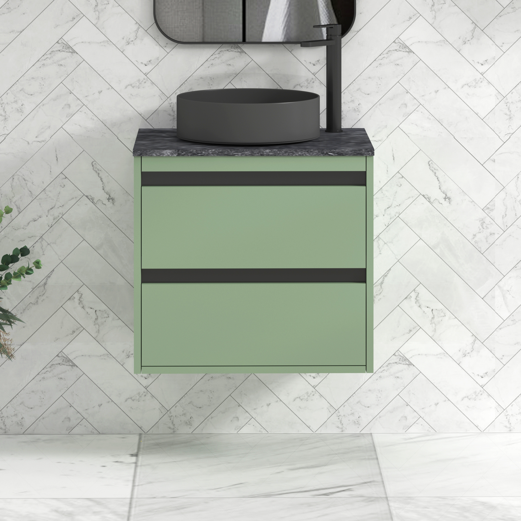 Orion 600mm Mint Green Wall Hung Countertop Vanity Unit 2 Drawer with Art Round Basin & Black Strip - Black Star