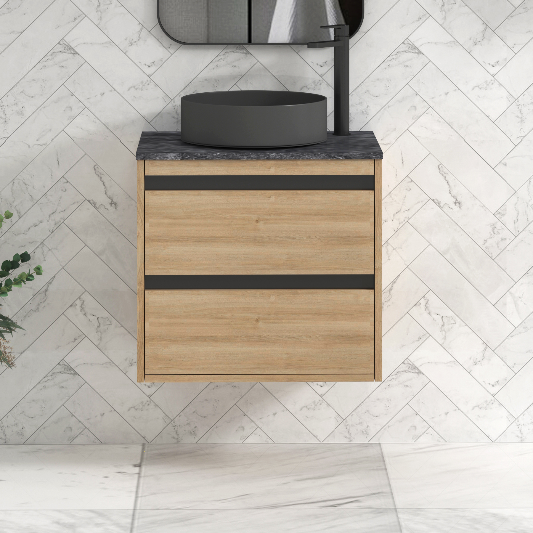 Orion 600mm Oak Wall Hung Countertop Vanity Unit 2 Drawer with Art Round Basin & Black Strip - Black Star