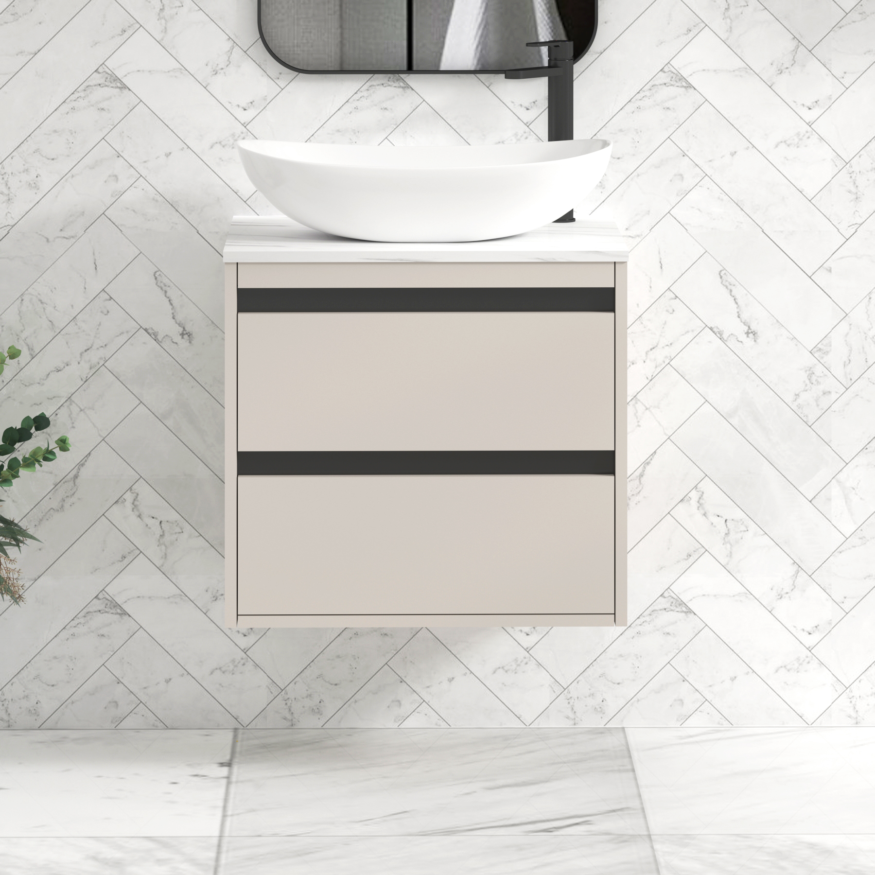 Orion 2 Drawer Warm Taupe Wall Hung Vanity Unit with Carrara White Top & Countertop Basin | Black Accent Trim