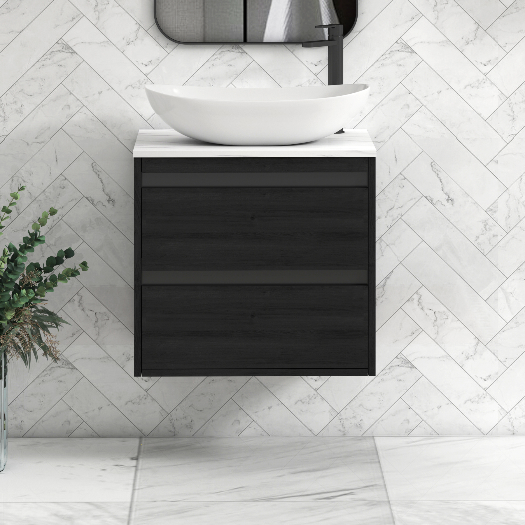 Orion 2 Drawer Hale Black Wall Hung Vanity Unit with Carrara White Top & Countertop Basin | Black Accent Trim