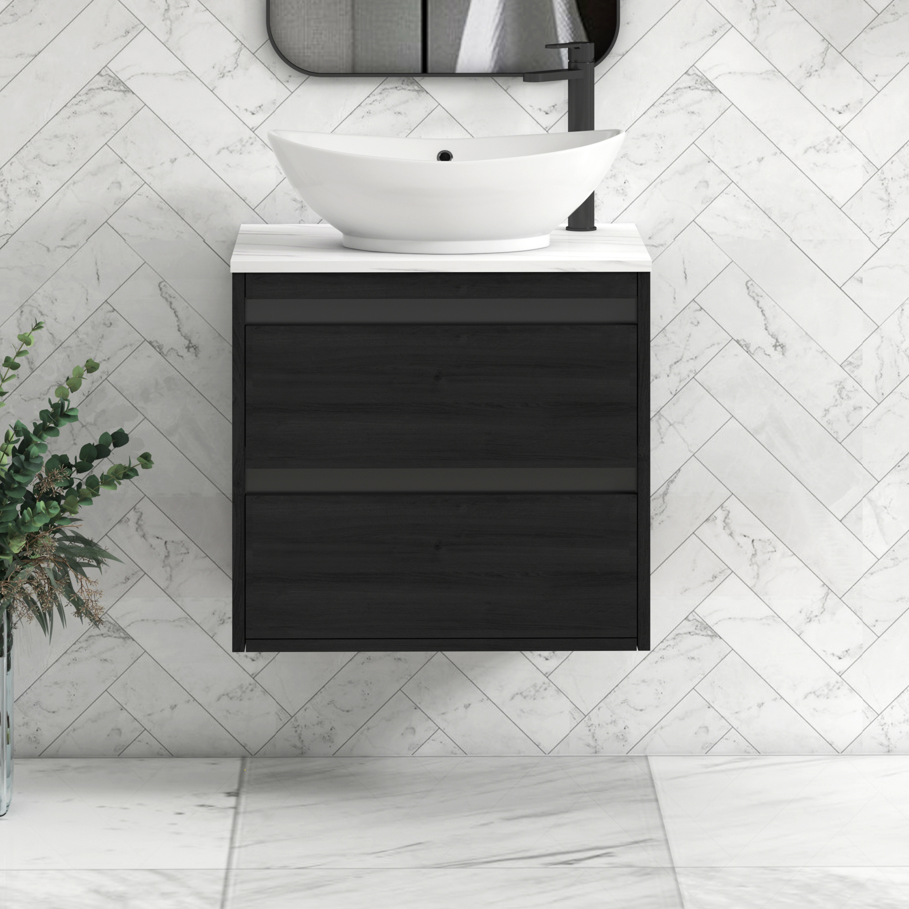 Orion 2 Drawer Hale Black Wall Hung Vanity Unit with Carrara White Top & Countertop Basin | Black Accent Trim