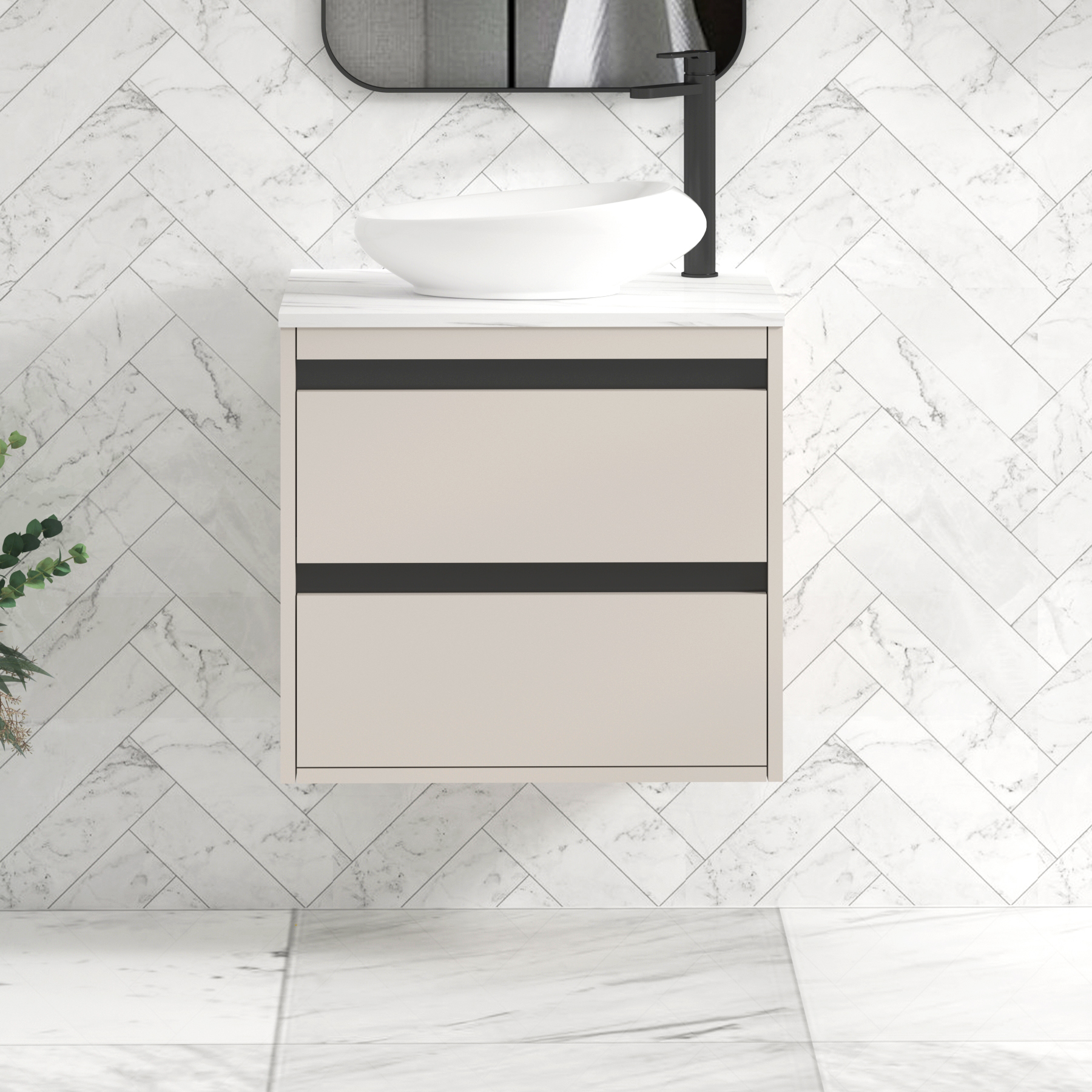 Orion 600mm Warm Taupe Wall Hung Countertop Vanity Unit 2 Drawer with Nova Basin & Black Accent Trim