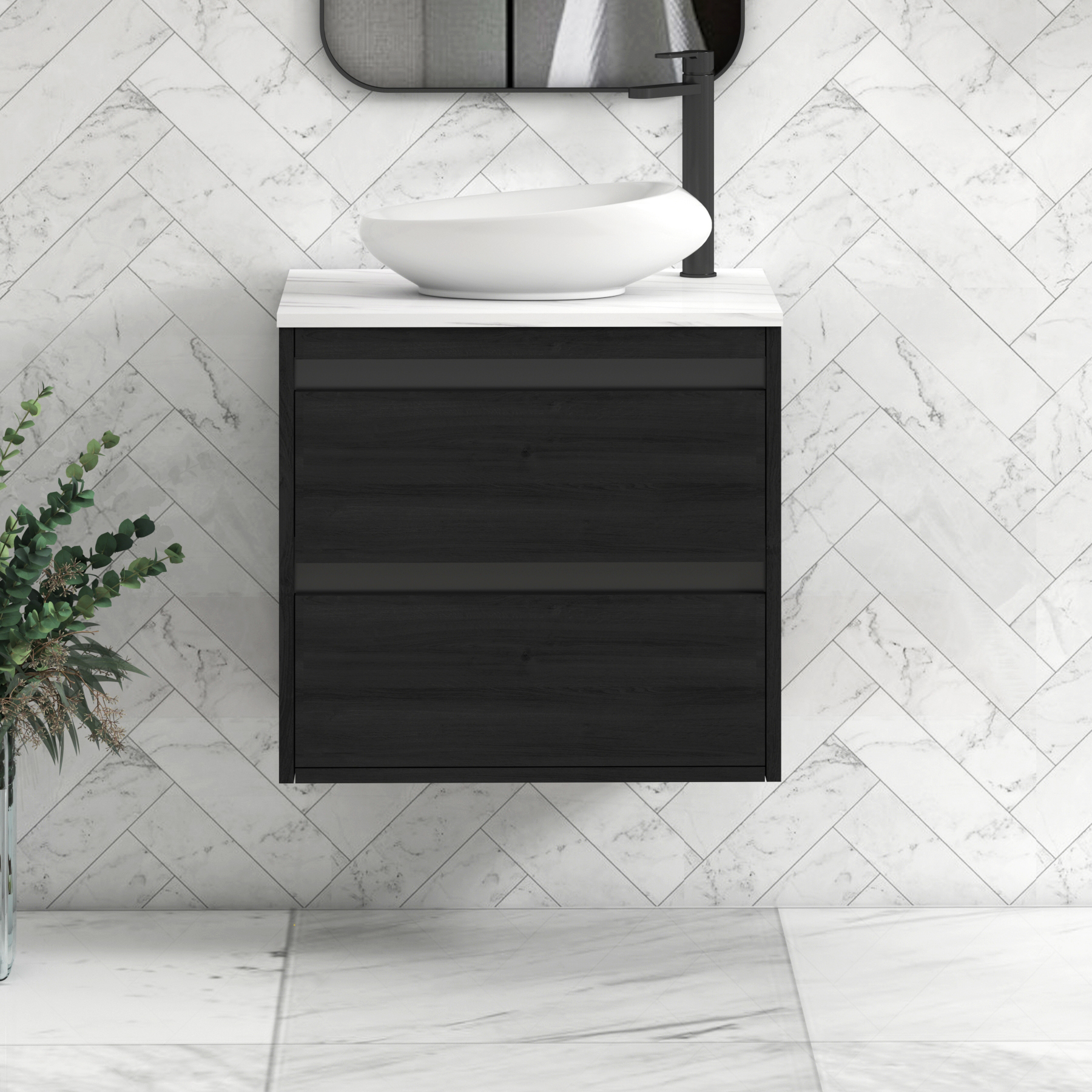 Orion 2 Drawer Hale Black Wall Hung Vanity Unit with Carrara White Top & Countertop Basin | Black Accent Trim