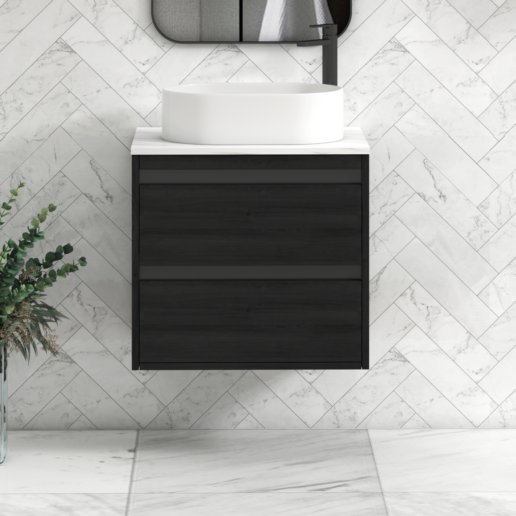 Orion 2 Drawer Hale Black Wall Hung Vanity Unit with Carrara White Top & Countertop Basin | Black Accent Trim