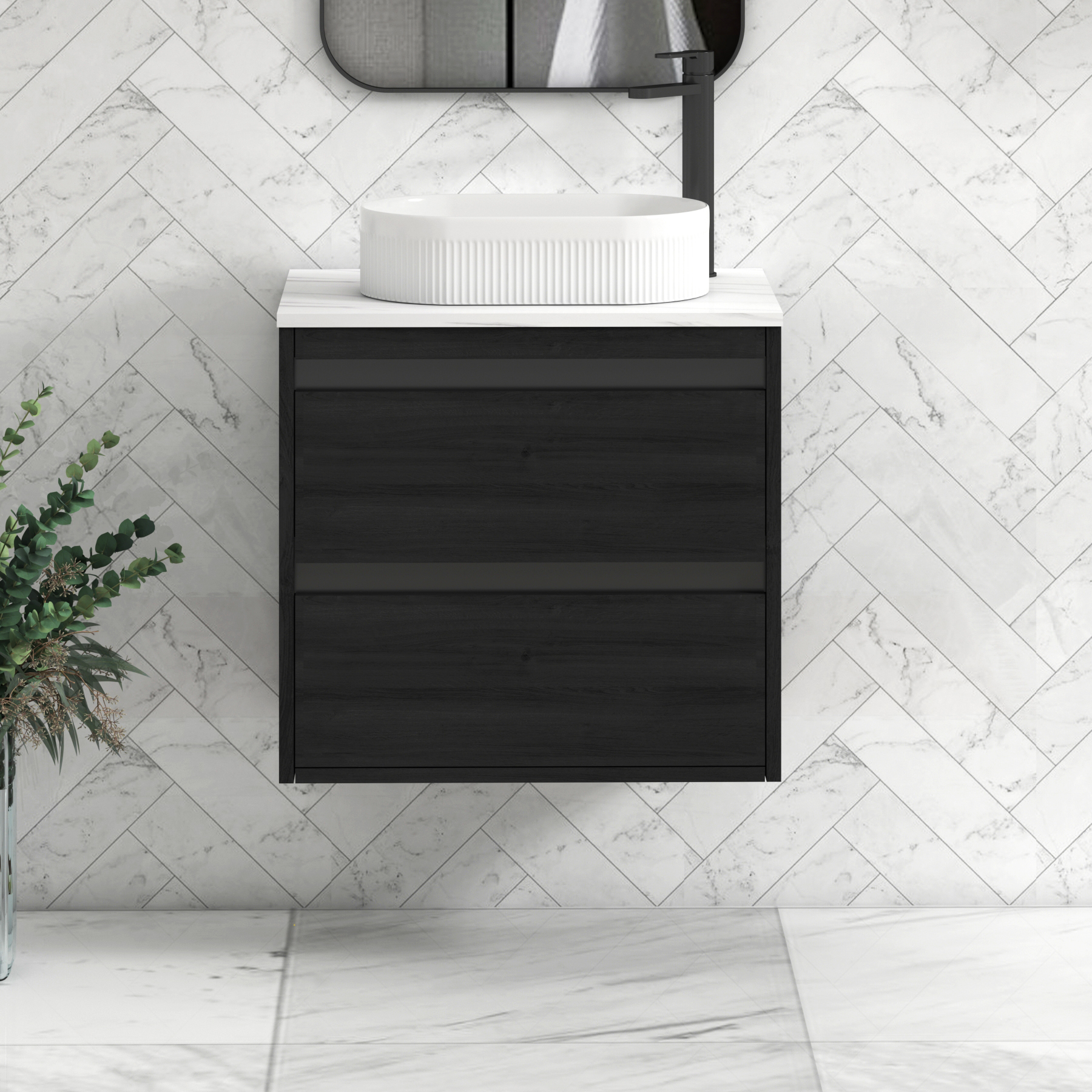 Orion 2 Drawer Hale Black Wall Hung Vanity Unit with Carrara White Top & Countertop Basin | Black Accent Trim