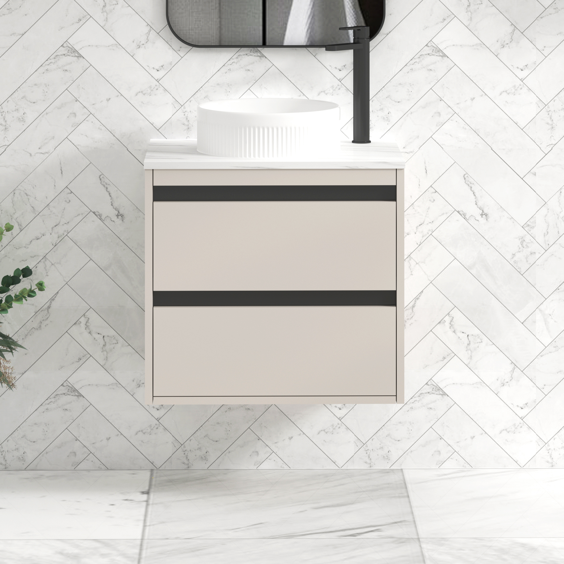 Orion 600mm Warm Taupe Wall Hung Countertop Vanity Unit 2 Drawer with Round Basin & Black Accent Trim