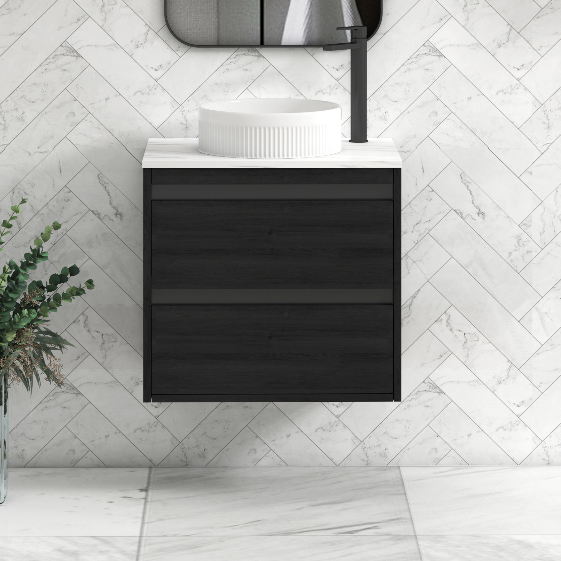 Orion 2 Drawer Hale Black Wall Hung Vanity Unit with Carrara White Top & Countertop Basin | Black Accent Trim