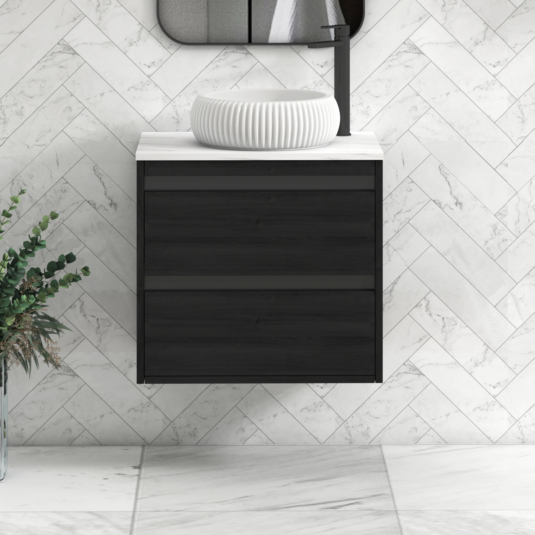 Orion 2 Drawer Hale Black Wall Hung Vanity Unit with Carrara White Top & Countertop Basin | Black Accent Trim